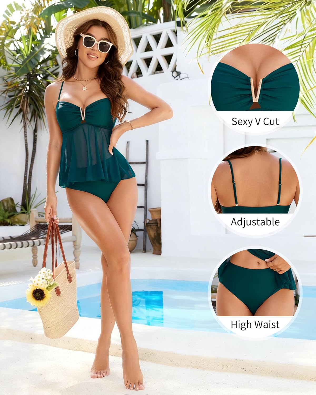 XUNYU Tankini Swimsuits for Women 2 Piece Mesh Bathing Suit Bandeau Tankinis Top High Waisted Tummy Control Swim Suits 2026 - Image 5