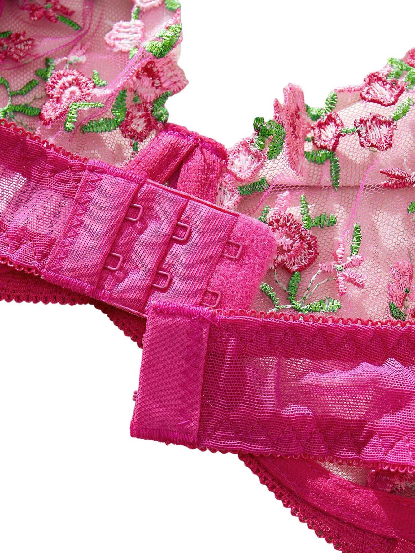 Lilosy Sexy Satin Mesh Floral Sheer Embroidered Underwire Lingerie Set 2 Piece Women: Satin Medium Design Hot Pink