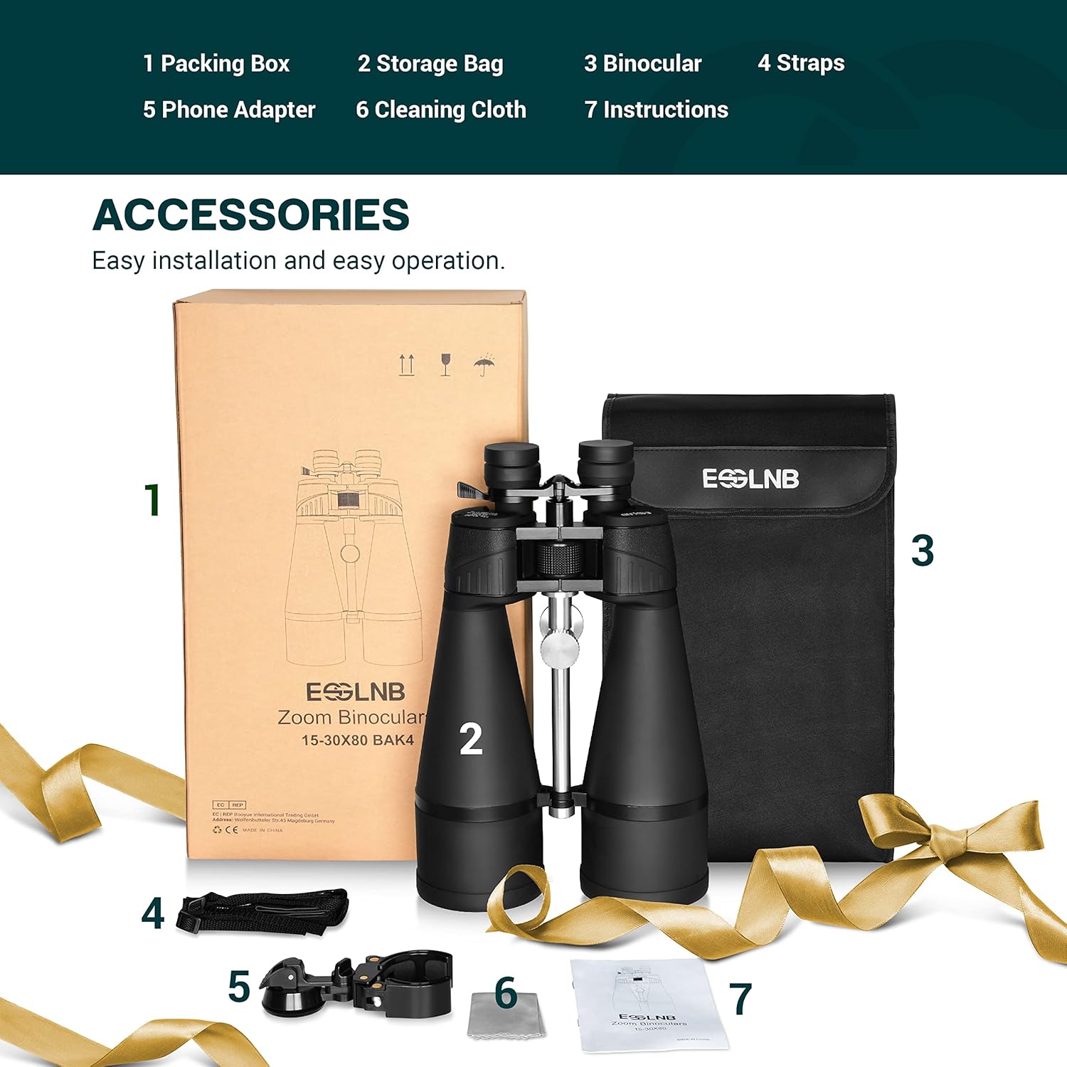 Included accessories for ESSLNB 15-30X80 Binoculars