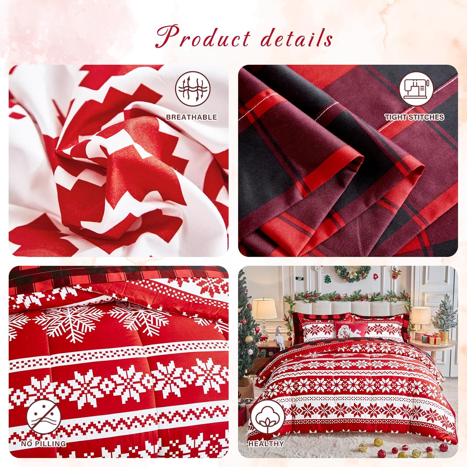 Tititada Christmas Red Bed in a Bag 7 Pcs Queen Size, Striped Snowflake Pattern Printed Bedding Comforter Set Warm for Winter(1 Comforter, 1 Flat Sheet, 1 Fitted Sheet, 2 Pillow Shams, 2 Pillowcases)