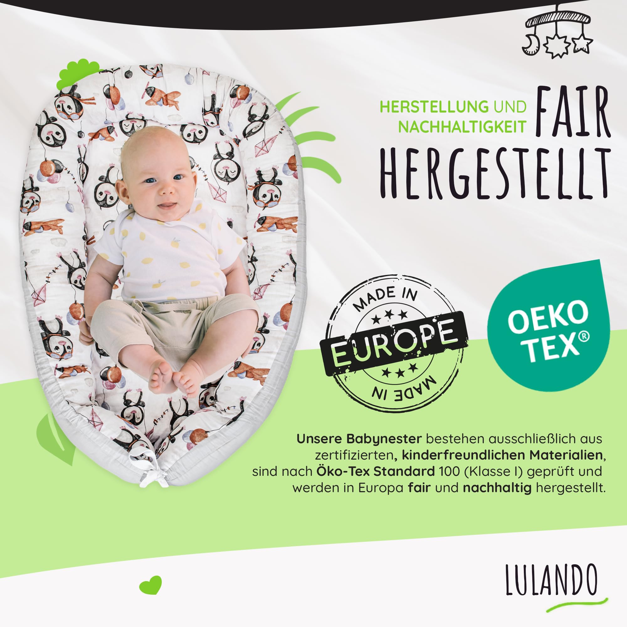 LULANDO® Babynest - Standard 100 von Oeko-Tex - multifunktionales Kuschelnest für Babys und Säuglinge - Nestchen - Reisebett - 100% Baumwolle - antiallergisch - hergestellt in der EU