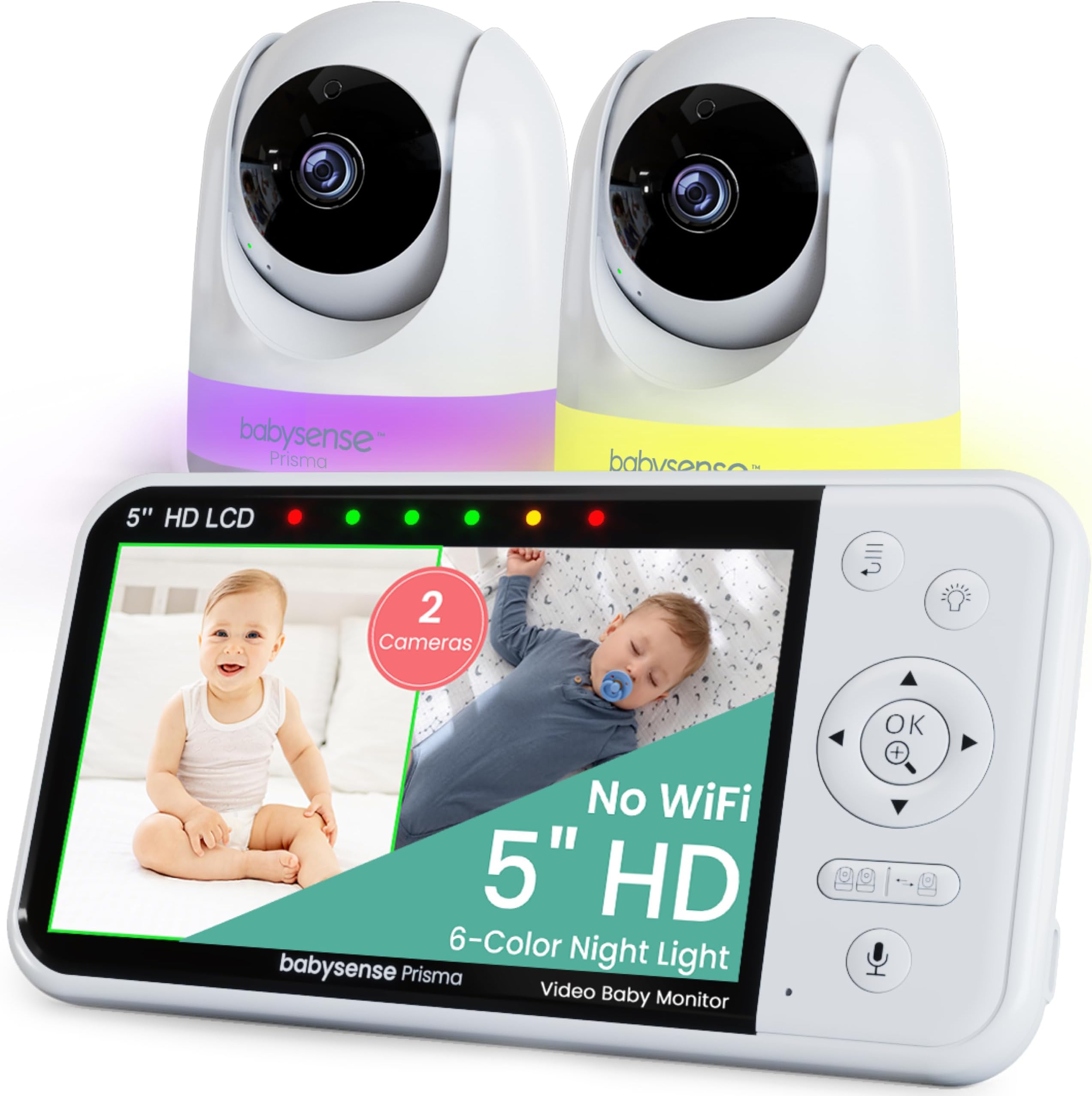 Babysense Prisma Baby Monitor with Camera and Audio, 5” HD Video Baby Monitor with 2 Cameras, 6-Color Night Light, Split Screen, Sound Machine with White Noise & Lullabies, Secure No WiFi
