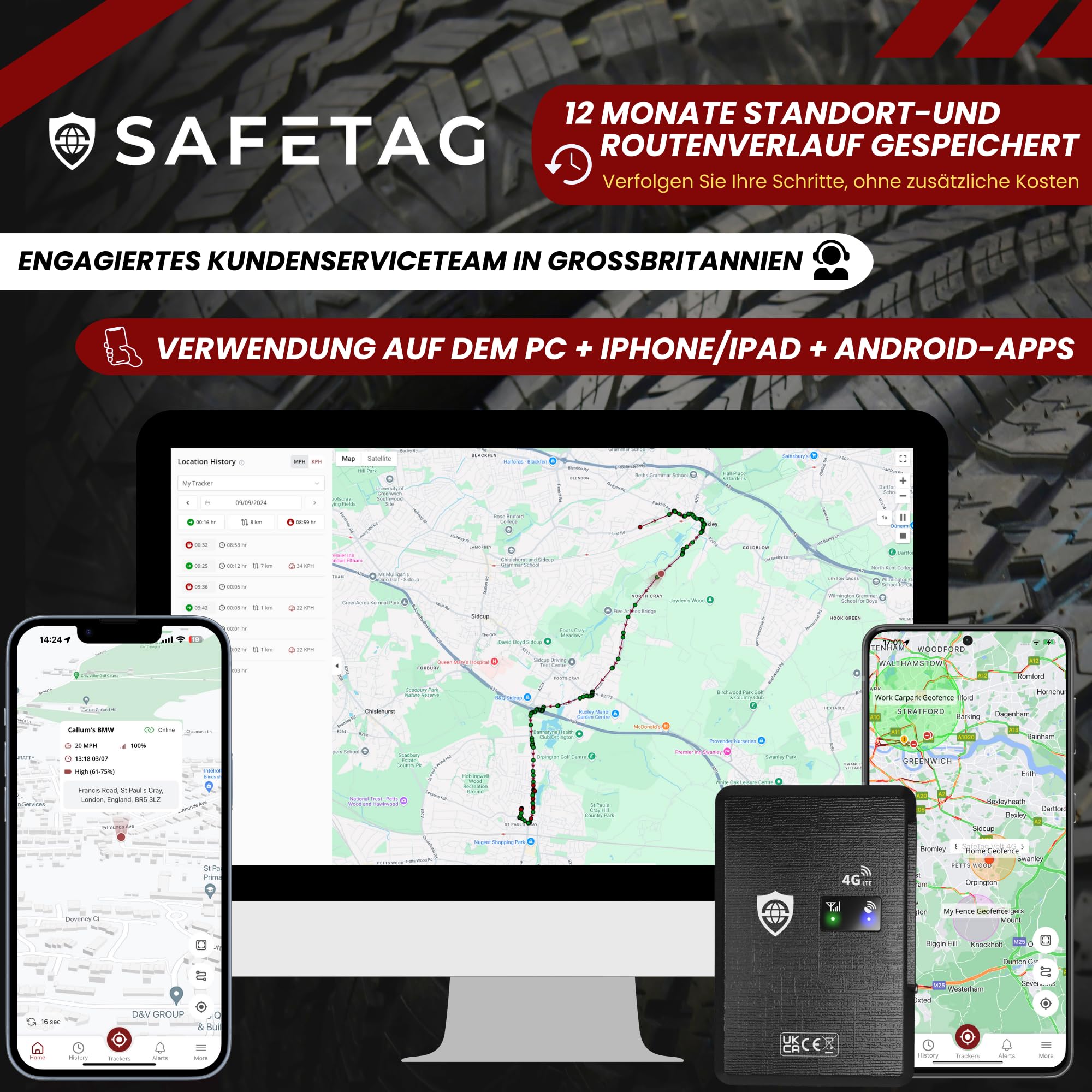 SafeTag Mag 4G – Wiederaufladbarer Magnetischer 4G LTE GPS-Tracker, Auto, Van, Motorrad, Wohnwagen usw. 34–195 Länder, 90 Tage Standby, Echtzeit-Tracking und Benachrichtigungen, 7 Tage kostenlose