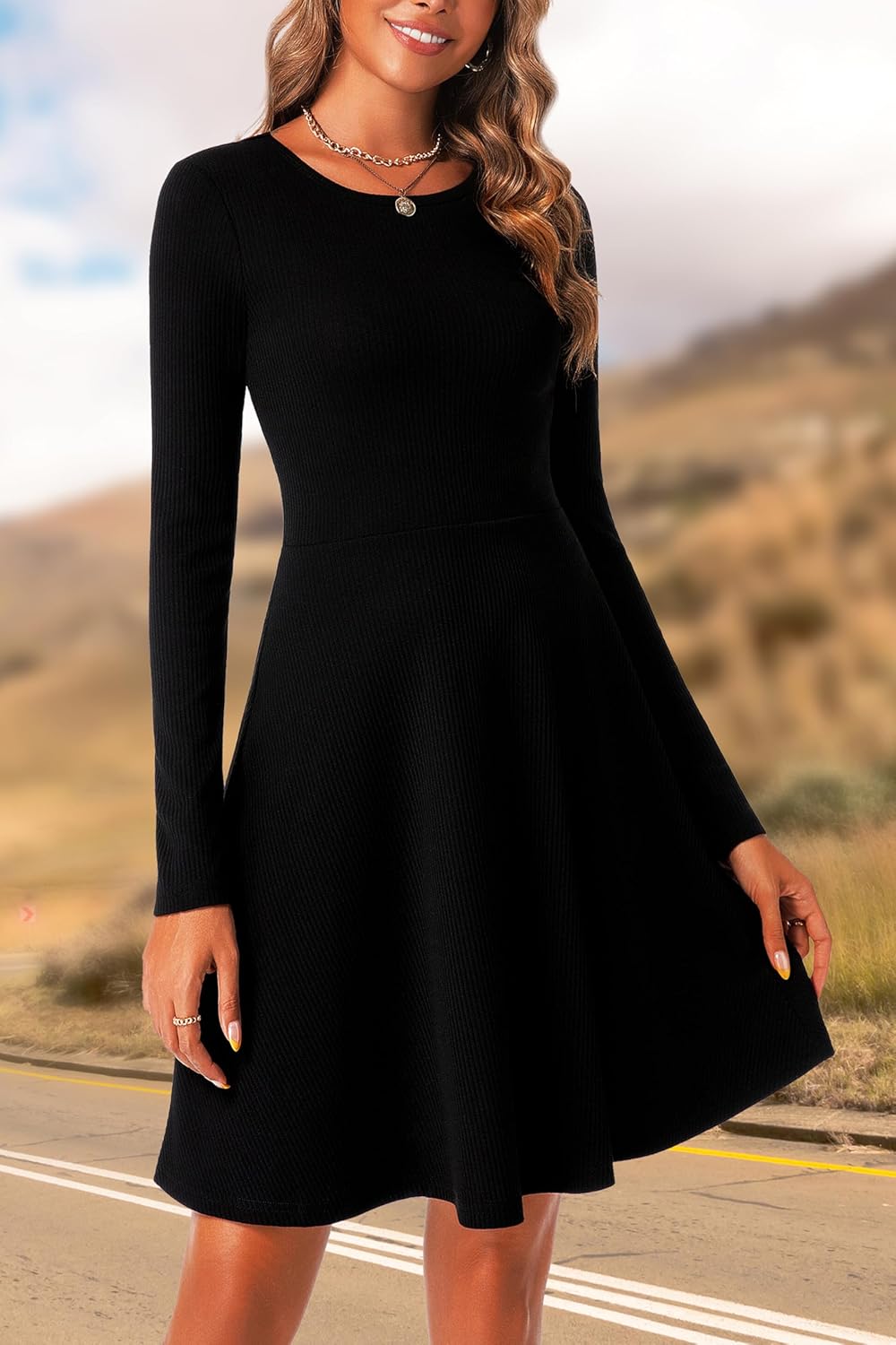 Long Sleeve Dress for Women Fall Winter 2026 Ribbed Knit A-Line Flowy Fashion Casual Elegant Dresses - Image 3