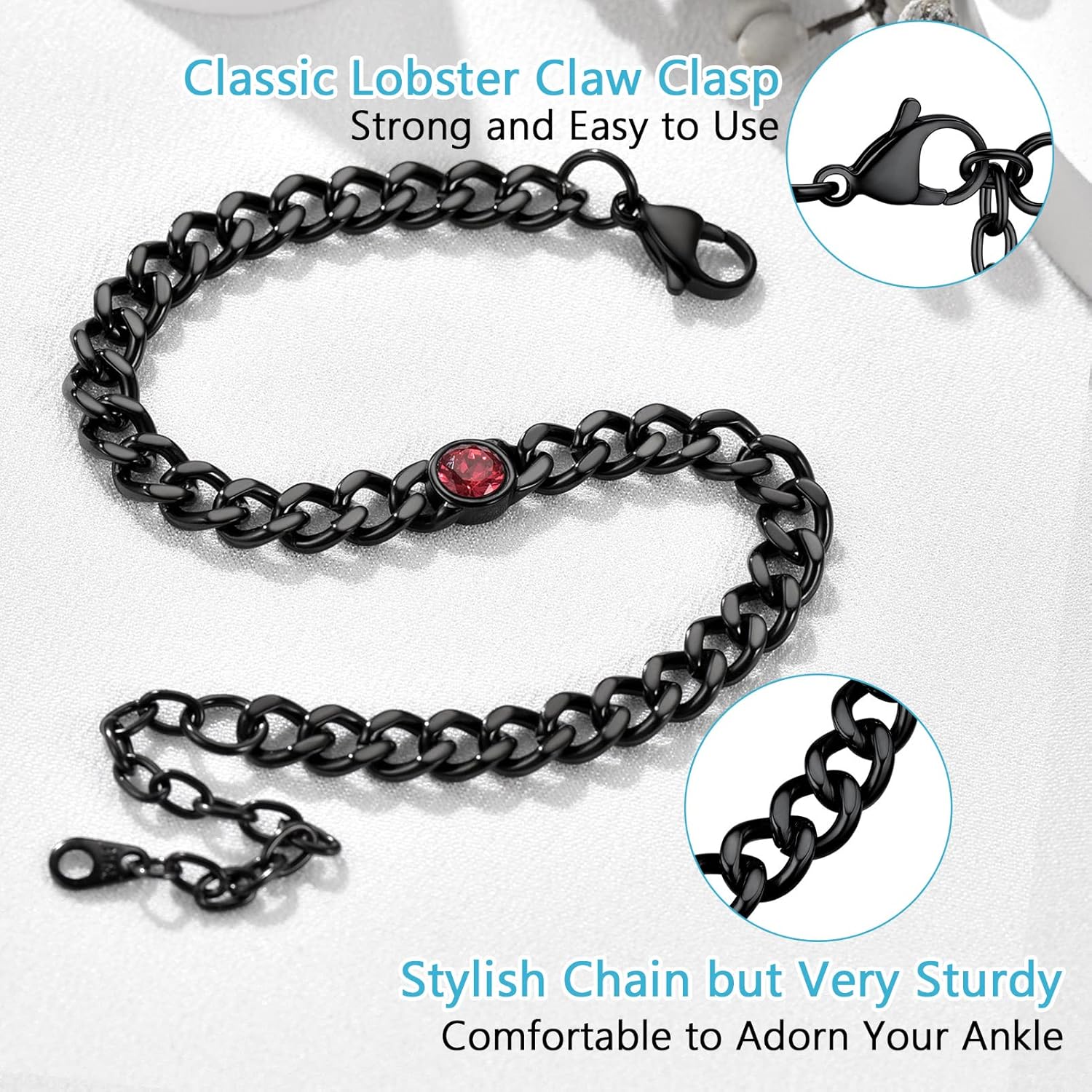 PROSTEEL Womens Cuban Links Chain Anklets with Birthstone Jan - Dec 12 Months Available, Black/18K Gold Plated Stainless Steel Chains, 22cm-27cm Adjustable, Come Box