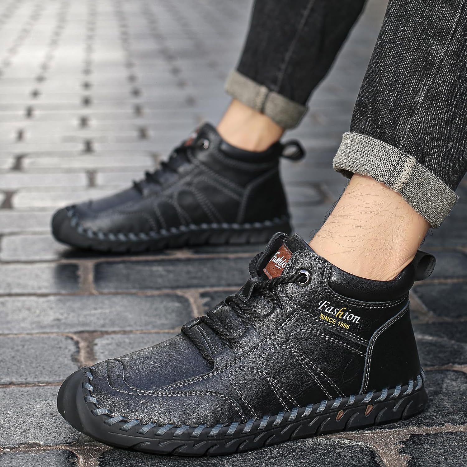 Men's Leather Handmade Lace Up Ankle Boots Retro Round Toe Hand Stitching High Top Sneakers Outdoor Hiking Working Driving Casual Chukka Boots - Image 8