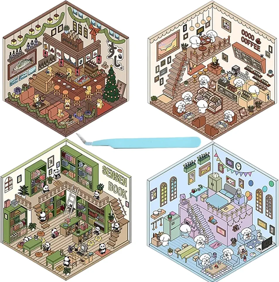 Bukela 3D Sticker Scene 3D House Sticker Set DIY 3DHouse DIY Scenes Stickers Funny Cartoon Scene Stickers for Relief Stress Pass The Time(with Tweezers Set of 4)