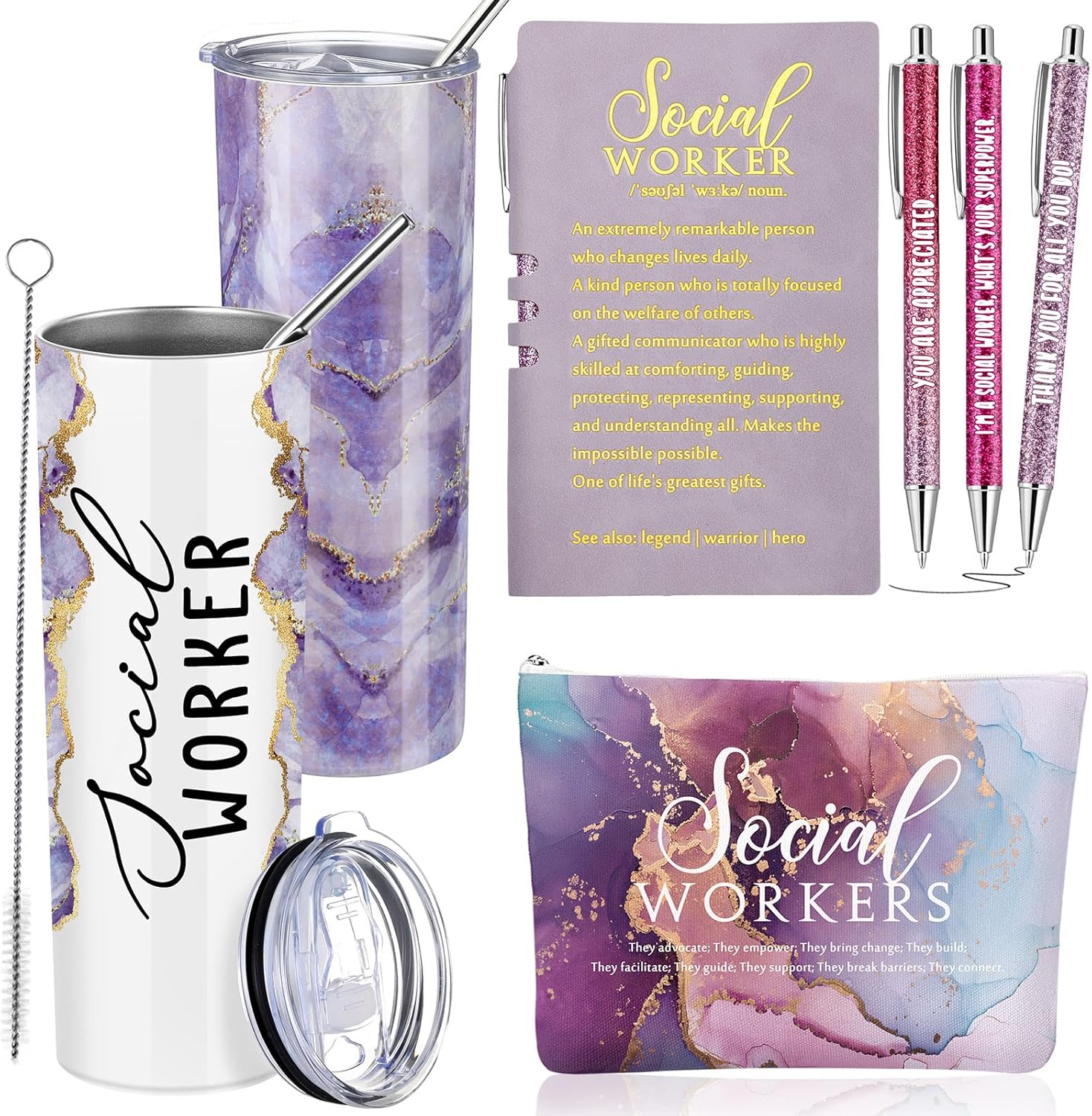 Domensi 6 Pcs Social Worker Appreciation Gifts for Women Lady Include 20oz Tumbler Makeup Bag A6 Leather Notebook Ballpoint Pens School Social Worker Must Haves Employee Coworker Office Supply(Purple)