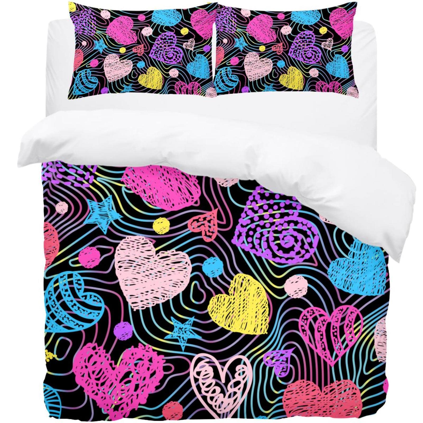 Parure de lit ultra douce design cœurs arc-en-ciel comprenant housse et 2 taies d'oreiller