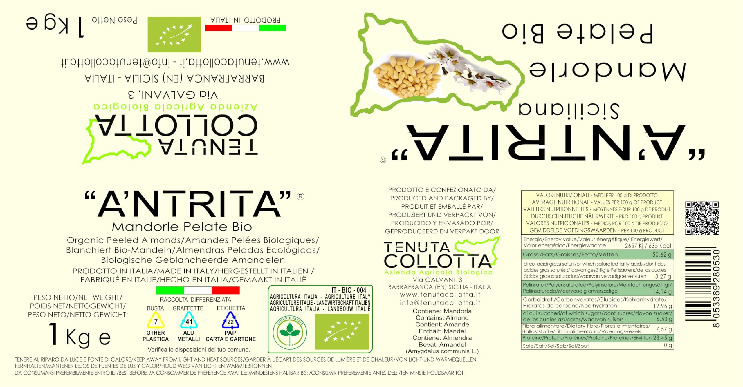 A'Ntrita® - Almendras Peladas Orgánicas 1 Kg - 100% Italiano - Made in Sicily