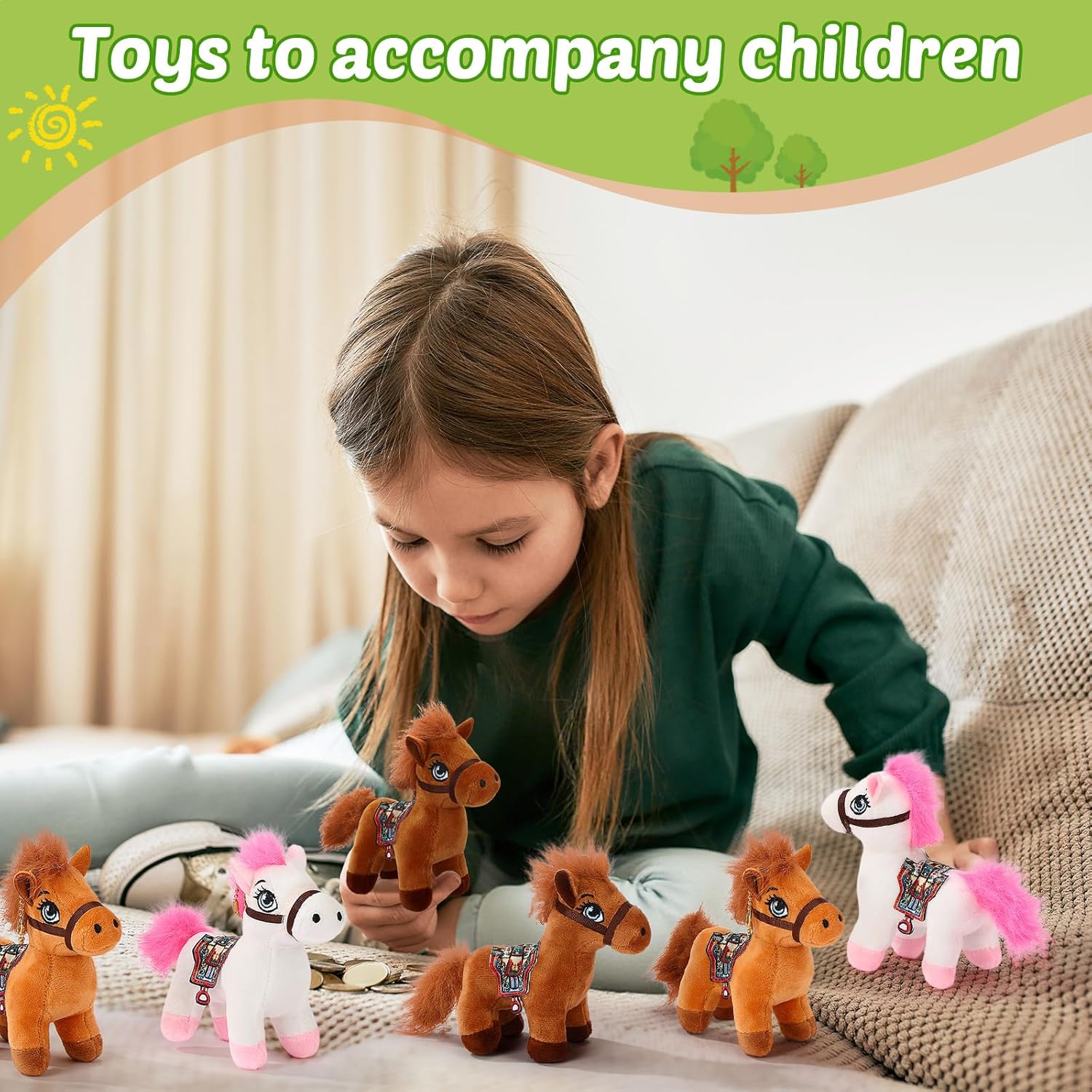 Zomiboo 9 Pack Horse Stuffed Animals Plush Toy Standing Stuffed Horse 4 Inch Mini Plush with Detachable Chain for Animal Theme Party Birthday Decoration Supplies(Retro Style)