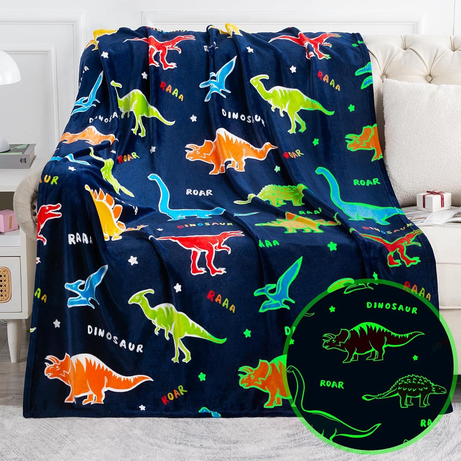 TONY STARK Big Size Unicorn Glow in The Dark Blanket for Kids, 0-15 Years |200x152 Cm| Soft Flannel Fleece Throw, Cozy & Warm All-Season Radium Blanket (Dark Blue Dino Disco)-image-19