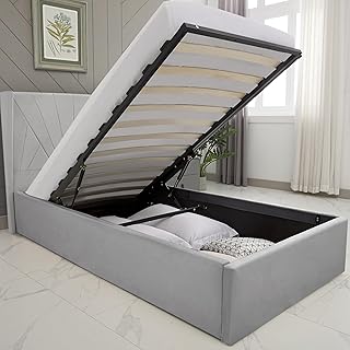 Upholstered Ottoman Bed Single Bed Frame UKFR Velvet Grey Ottoman Storage Bed With Gas Lift End Opening Wooden Slats With Storage Bed (3ft Single 90 x 190, No Mattress)