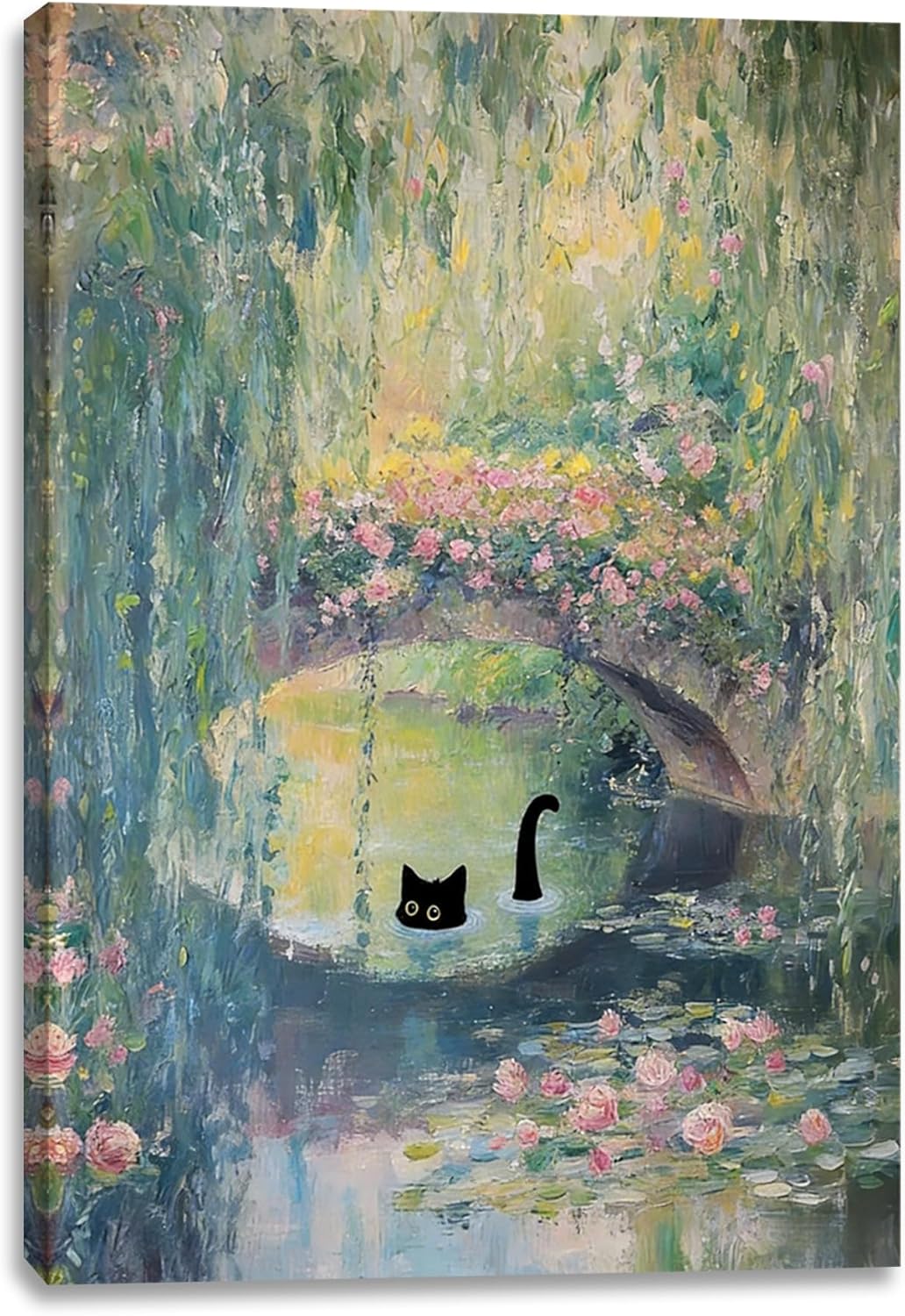 Vintage Monet Canvas Wall Art, Black Cat Under the Garden Bridge Landscape Wall Decor Paintings,Water Lilies Monet Country Nature Pictures for Wall Living Room Bedroom Bathroom Home Decoration 16x24 inch( Stretched Canvas on A Wooden Frame)
