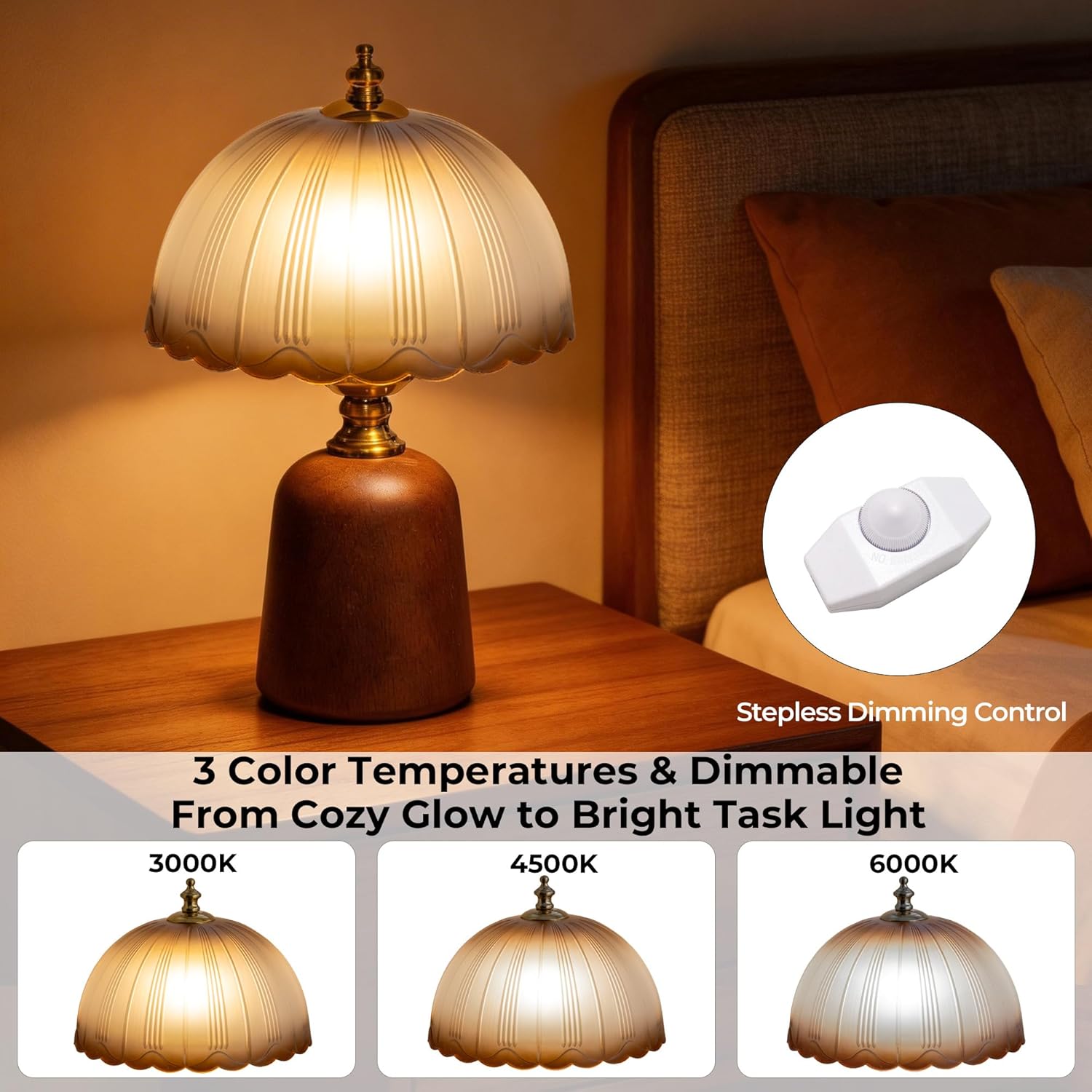 Mushroom Solid Wood Table Lamp, Vintage Scalloped Glass Shade, Mid-Century Modern Decor, 3Color Dimmable Bedside Lamp for Bedroom, Living Room & Library, Aesthetic Home Gift, LED Bulb Included