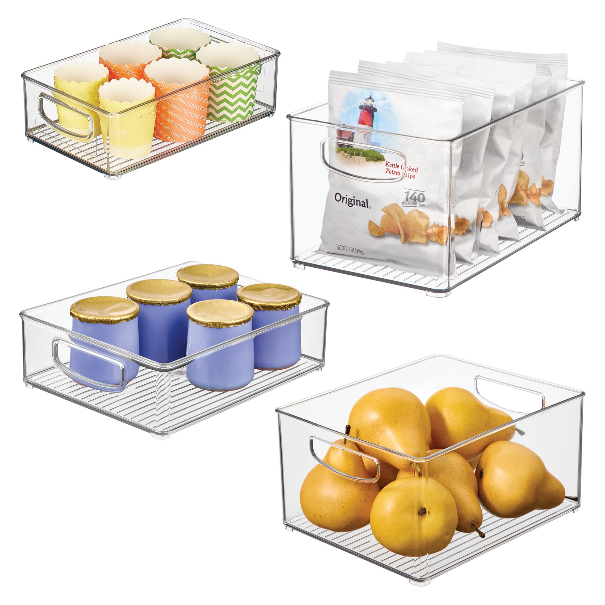 Stackable Pantry Bins with Handles, 4 Different Sizes, 4 Pack, Clear, Made in USA