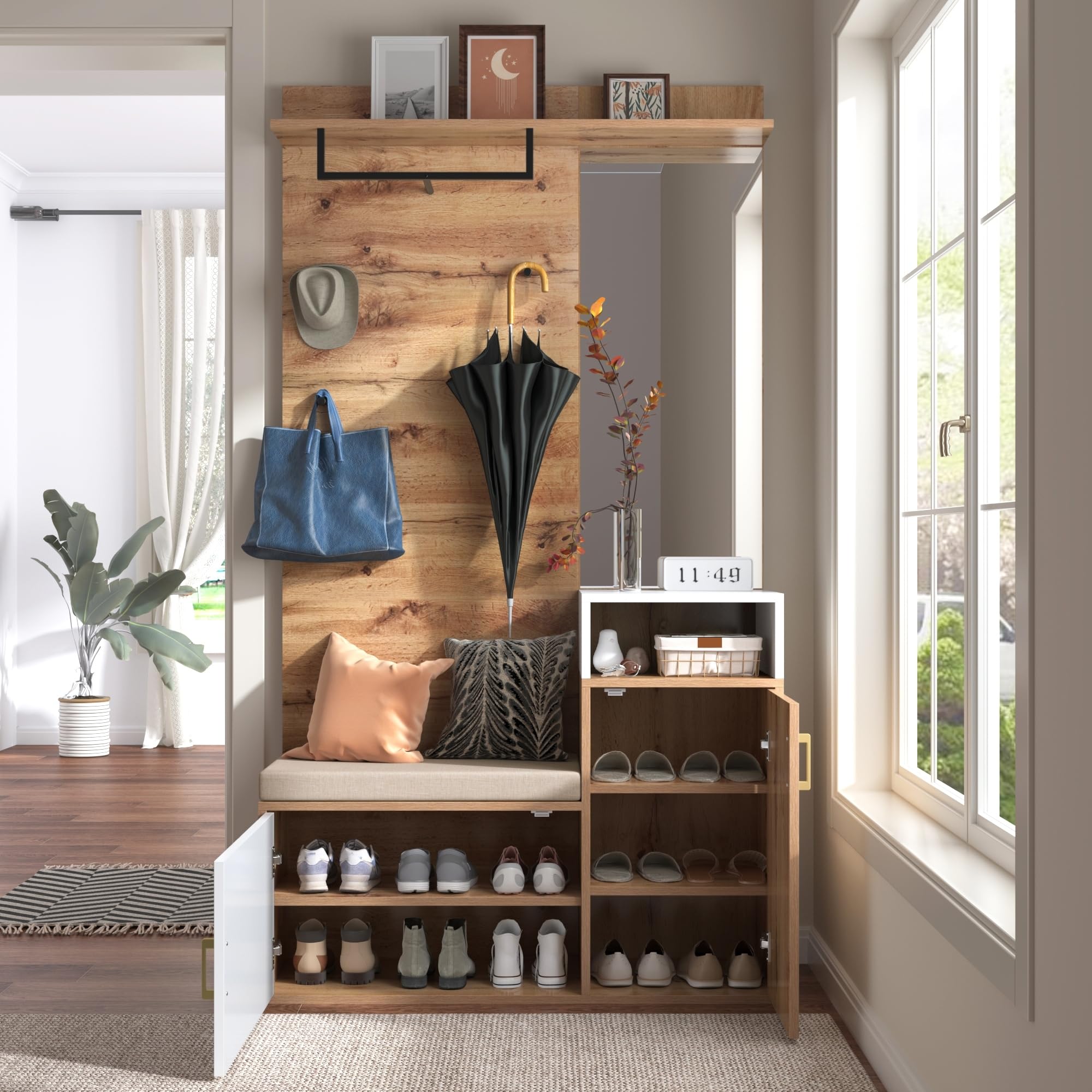 Conjunto de Recibidor de Entrada con Espejo y Ganchos, Perchero de Pared con Banco Zapatero, Juego de Mueble Recibidor con Espacio de Almacenamiento y Puertas, 190,5x105x40 cm, Natural+Blanco