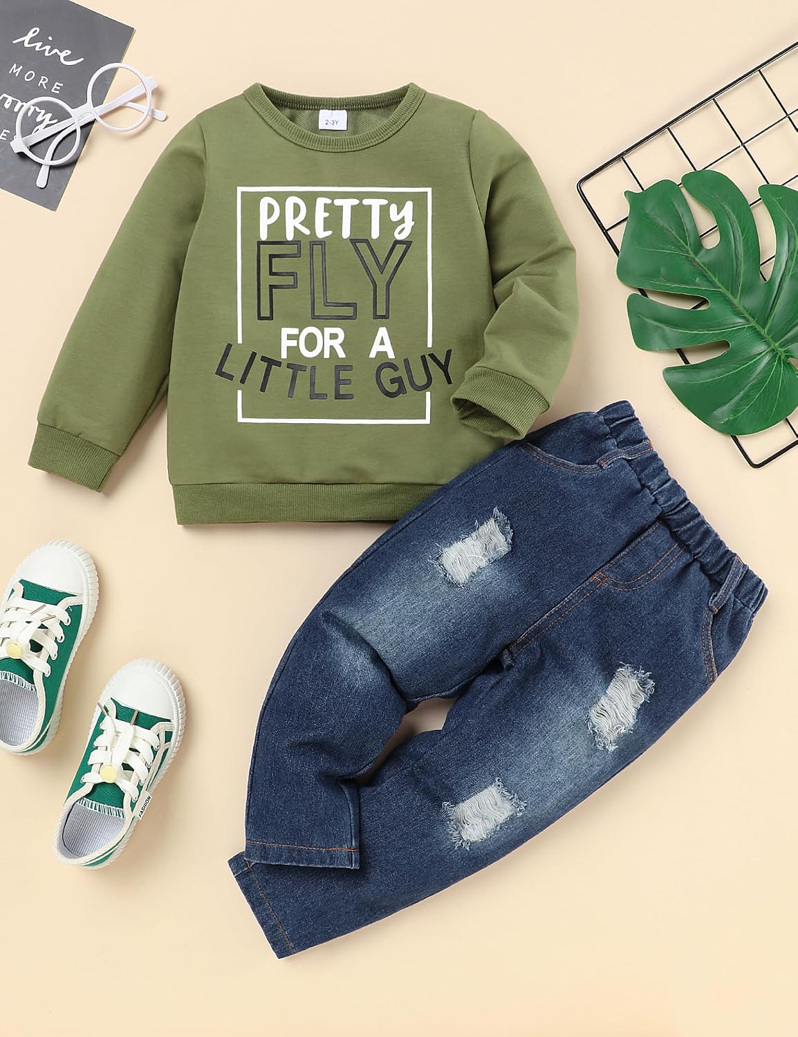 oklady Toddler Boy Clothes Colorblock Long Sleeve Letter Sweatshirts Top and Ripped Jeans Pants Boys Fall Winter Outfits 2-6T image 2