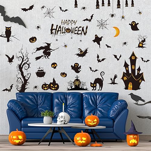 Miniatura 4 de AnyDesign Calcomanías de pared de Halloween, calcomanías de pared de murciélagos y castillo antiguo, calcomanías de arte de pared extraíbles para