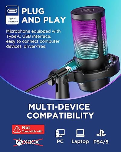 Miniatura 5 de InnoGear Juego de micrófonos USB para juegos, micrófono condensador con cancelación de ruido con brazo de brazo RGB silencioso, conector para