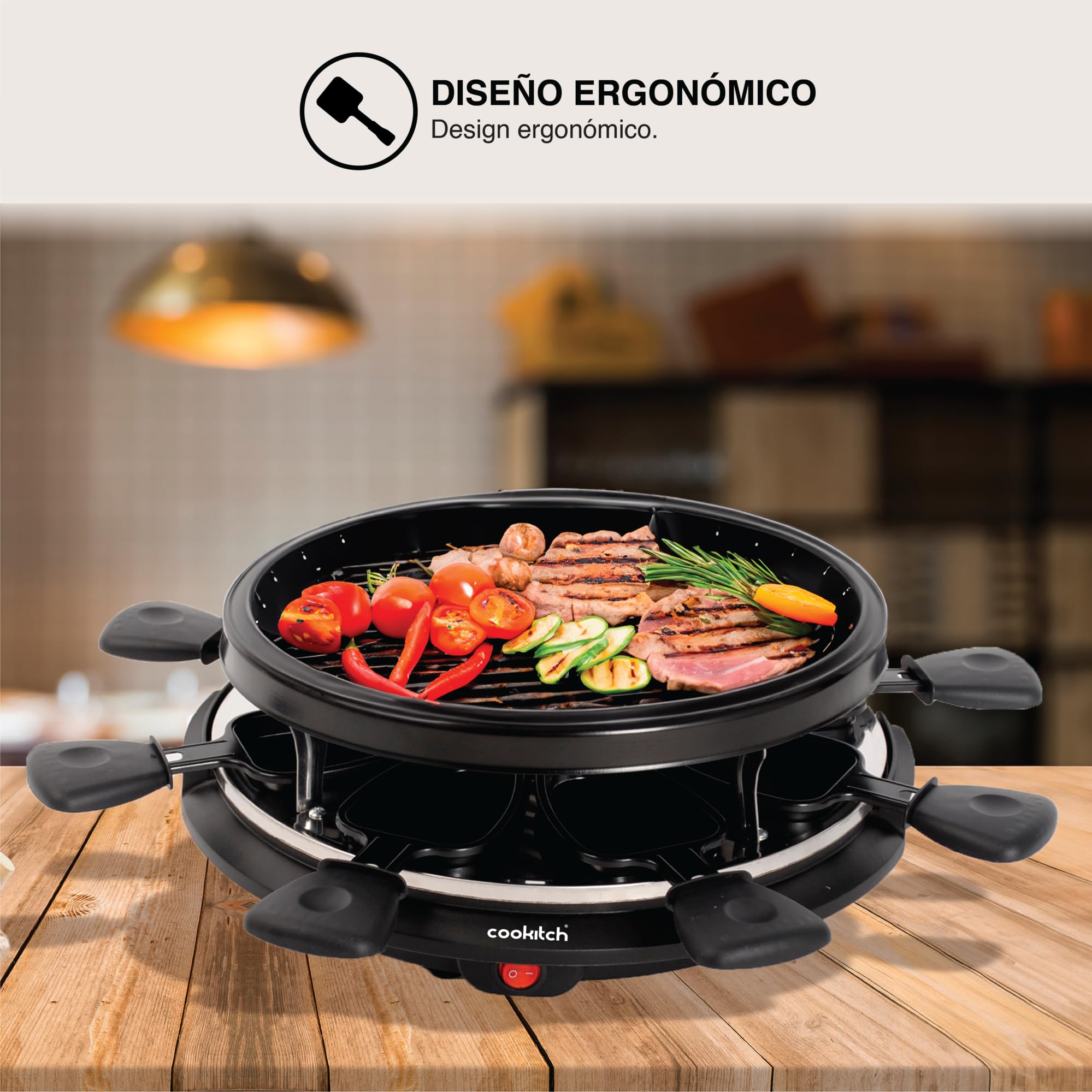 Raclette 8 Personas - Plancha Redonda Grill Antiadherente y 8 Sartenes, Parrilla eléctrica para asar Carne, Verduras y fundir Queso