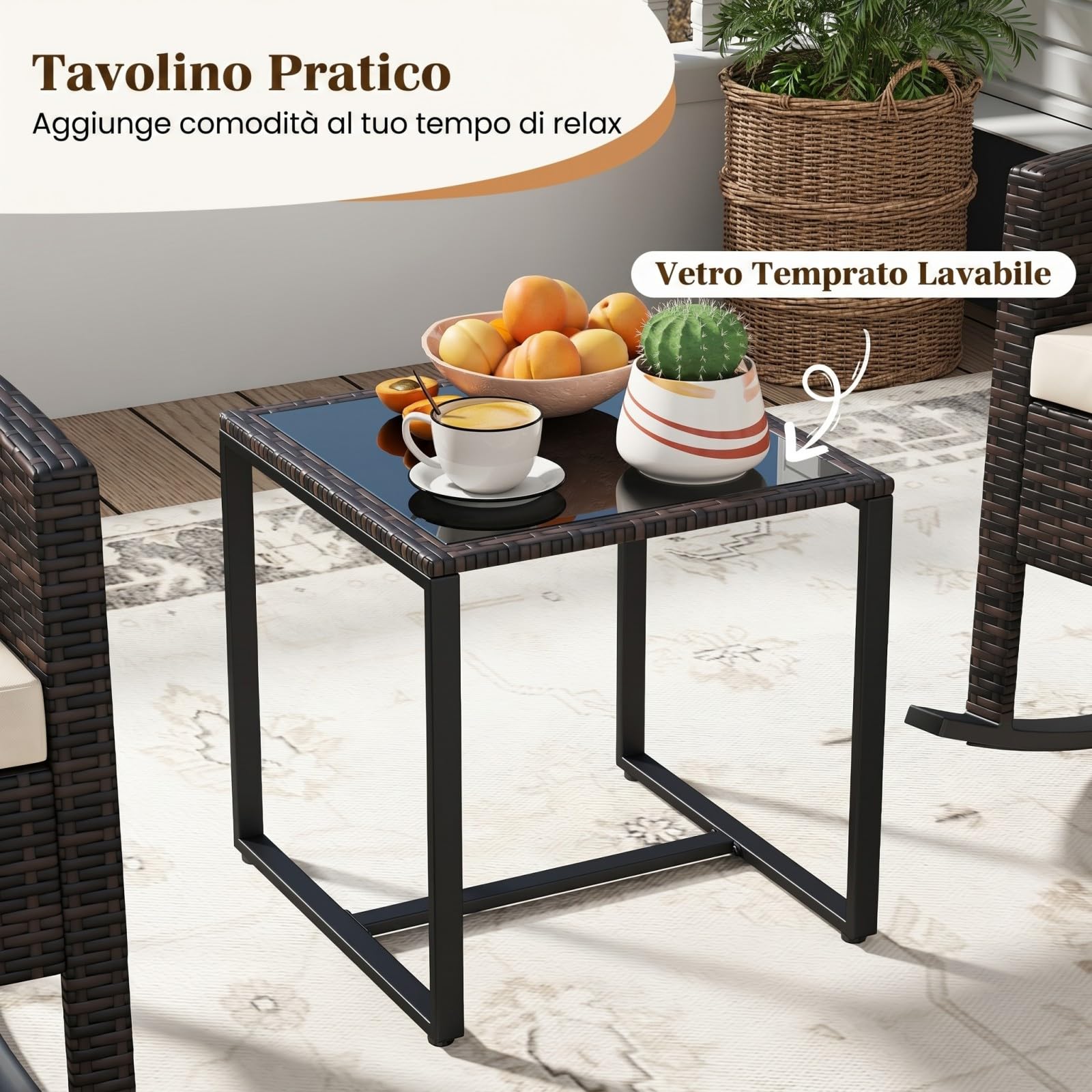 COSTWAY Set Salotto da Giardino in Rattan, Set Mobili da Eterno con 2 Poltrone a Dondolo, Tavolino in Vetro Temperato e Comodi Cuscini con Fodera Lavabile per Cortile e Balcone (Beige)