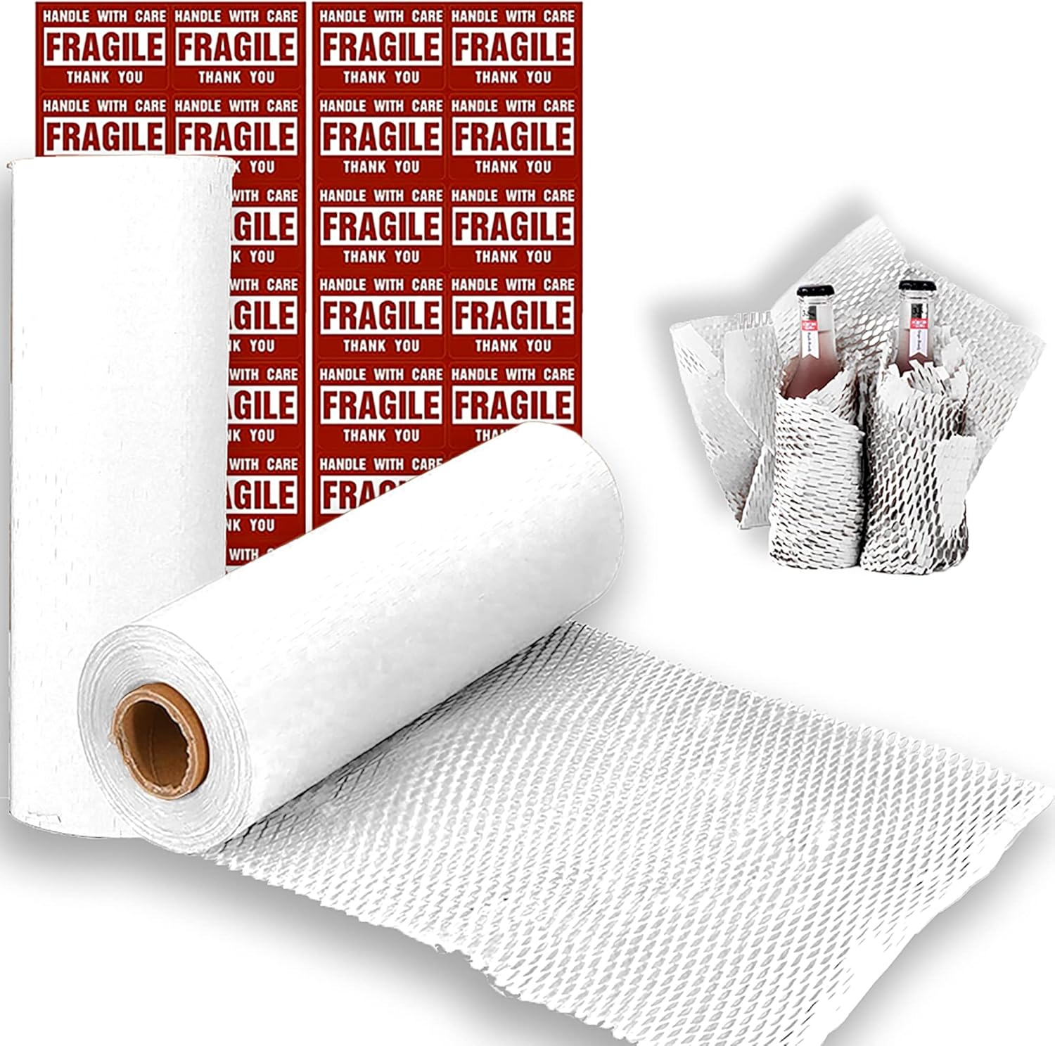 onesimcr White Honeycomb Wrapping Paper Wrap 15"x131' Sustainable Alternative to Bubble Wrap for Moving/Transporting/Packaging Rolls with 20 Fragile Stickers Biodegradable and Fully Recyclable…