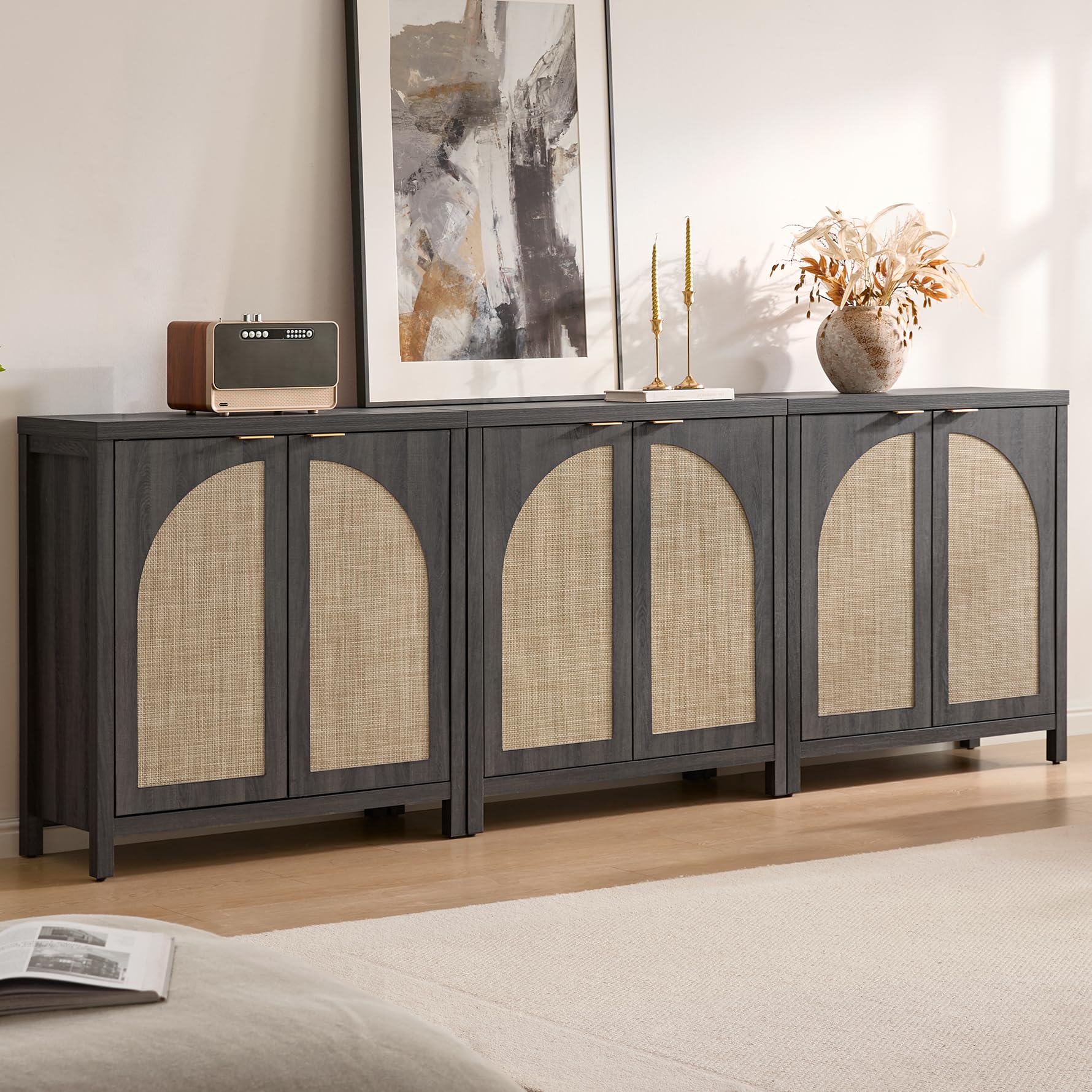 102"W Rattan Buffet Cabinet Set of 3 Arch Doors Boho Media Console Black Oak image 1