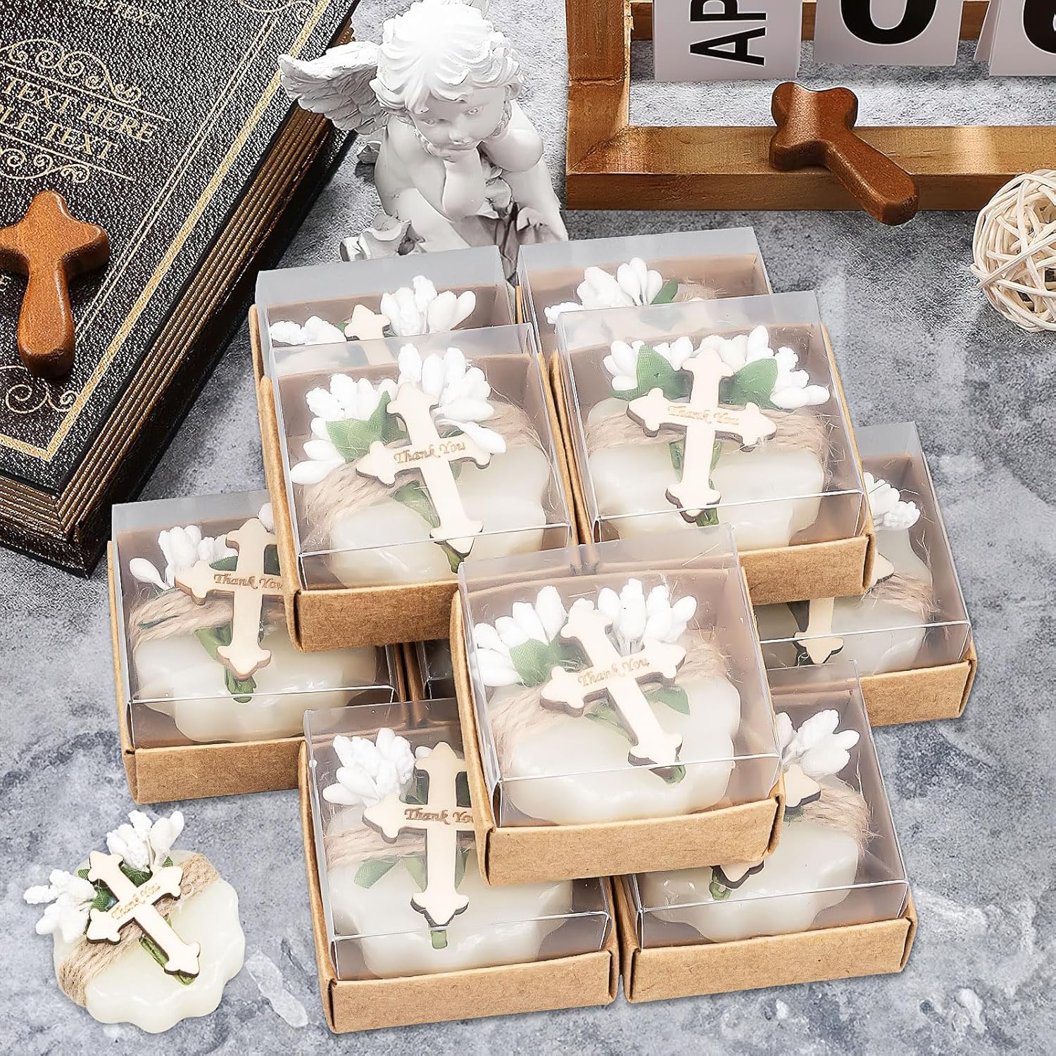 Lot de 24 Savons Parfumés Invités avec Fleurs Séchées – Cadeaux Baptême Fille Garçon avec Étiquettes Bois Merci – Souvenirs Communion, Naissance, Mariage, Anniversaire, Cadeaux Invités