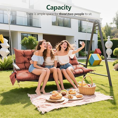 Miniatura 5 de Cojín de columpio de 3 plazas, cojín grueso para muebles de columpio de patio, columpio para 3 personas con lazos y bolsa de almacenamiento, para