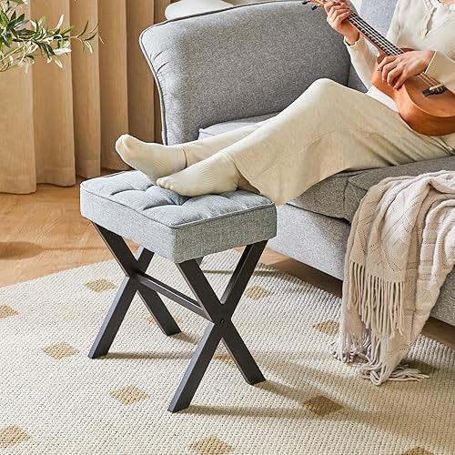 Miniatura 4 de IBUYKE - Taburete cuadrado de maquillaje con reposapiés de patas en X, reposapiés de lino, asiento otomano, multiusos como pequeña mesa auxiliar,