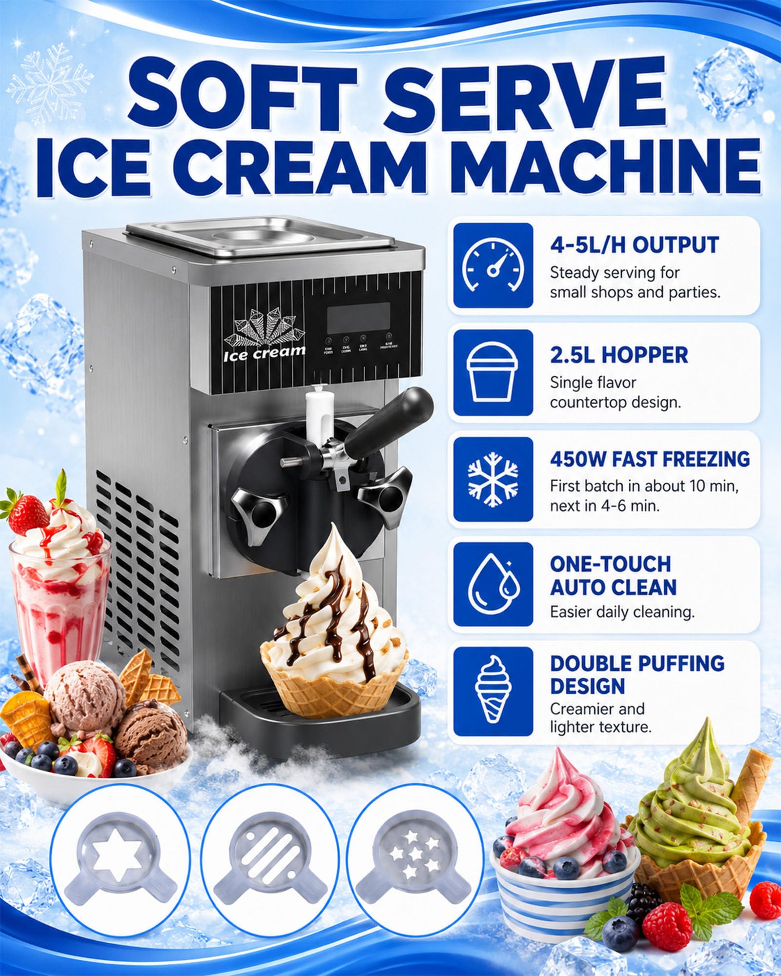 Máquina De Helado Suave, 450 W, Eléctrica, De Sobremesa, De Un Solo Sabor, 4-5 L/H, Tolva De 2,5 L, Congelación Rápida En 10 Minutos, Acero Inoxidable, Autolimpiante