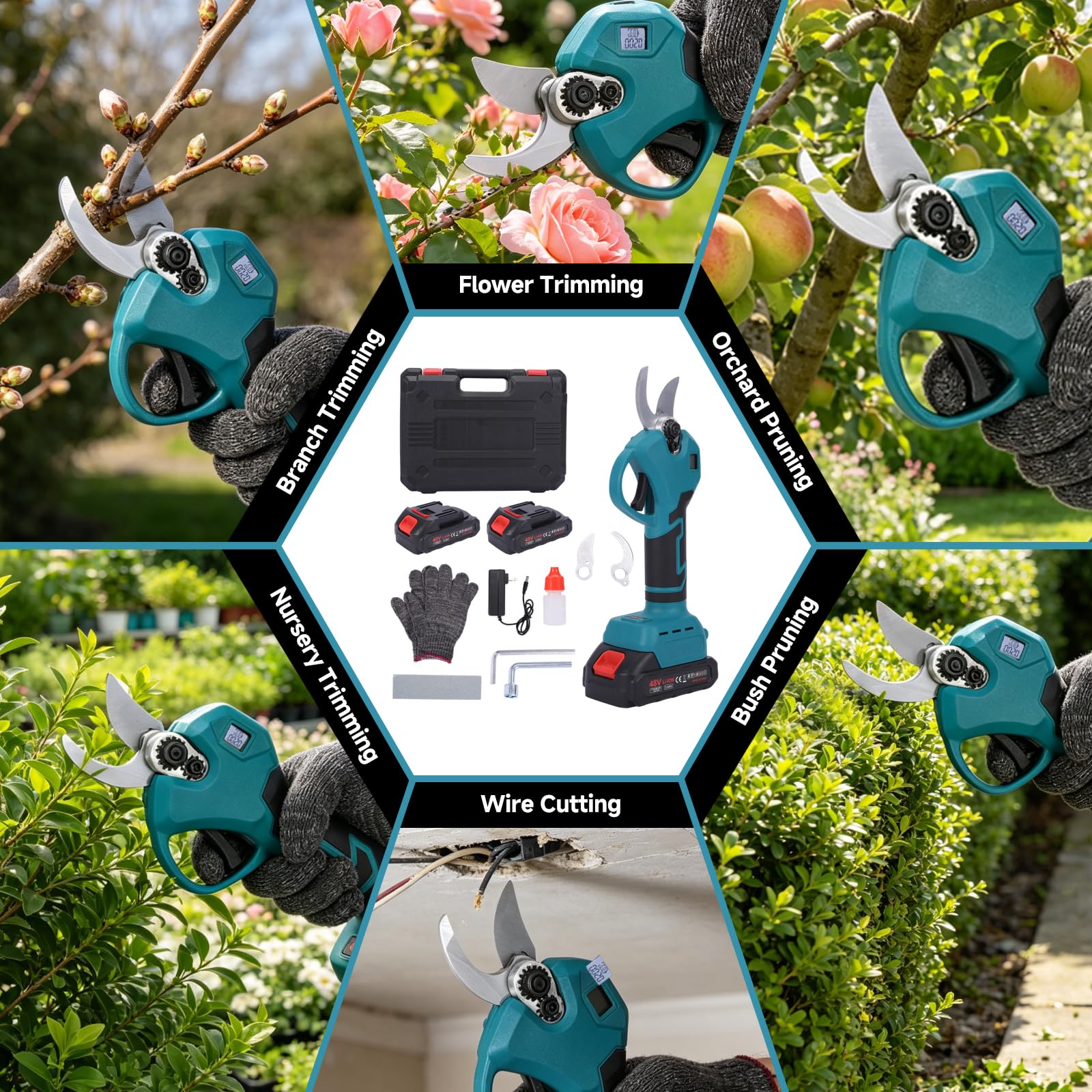 Sécateur Électrique Sans Fil Professionnel, Coupe-Branches Sur Batterie Ø 25 mm avec Lames en Acier SK5 et Interrupteur De Sécurité, 2 Batteries 3000 mAh pour Jardinage, Arbres et Vignes