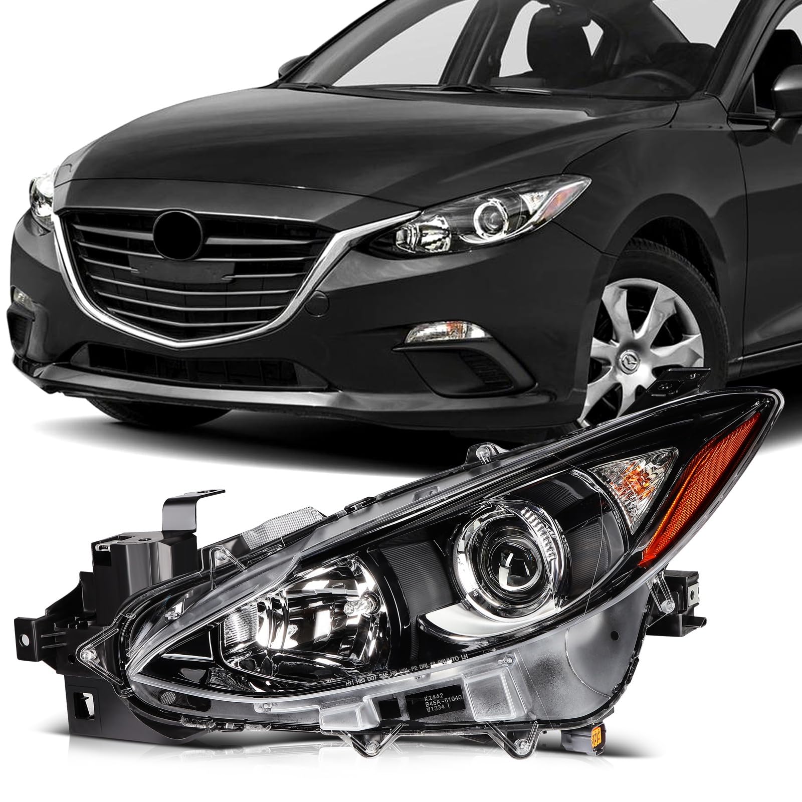 SCITOO Headlight Assembly Fit 2014-2016 For Mazda 3 Sedan Black Housing Amber Reflector Left Side Headlight BPW1510L0
