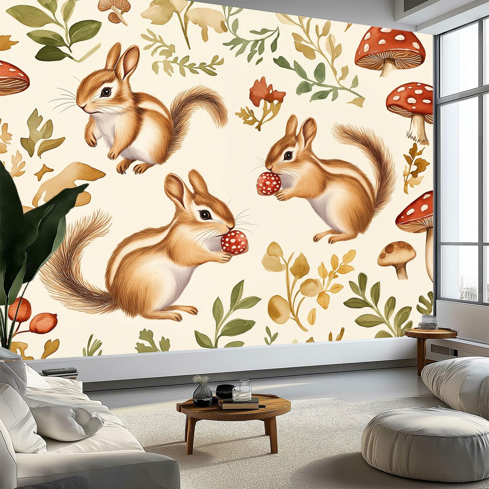 Papier peint animal des bois pour chambre d'enfant panoramique écureuil crème 350x256 cm