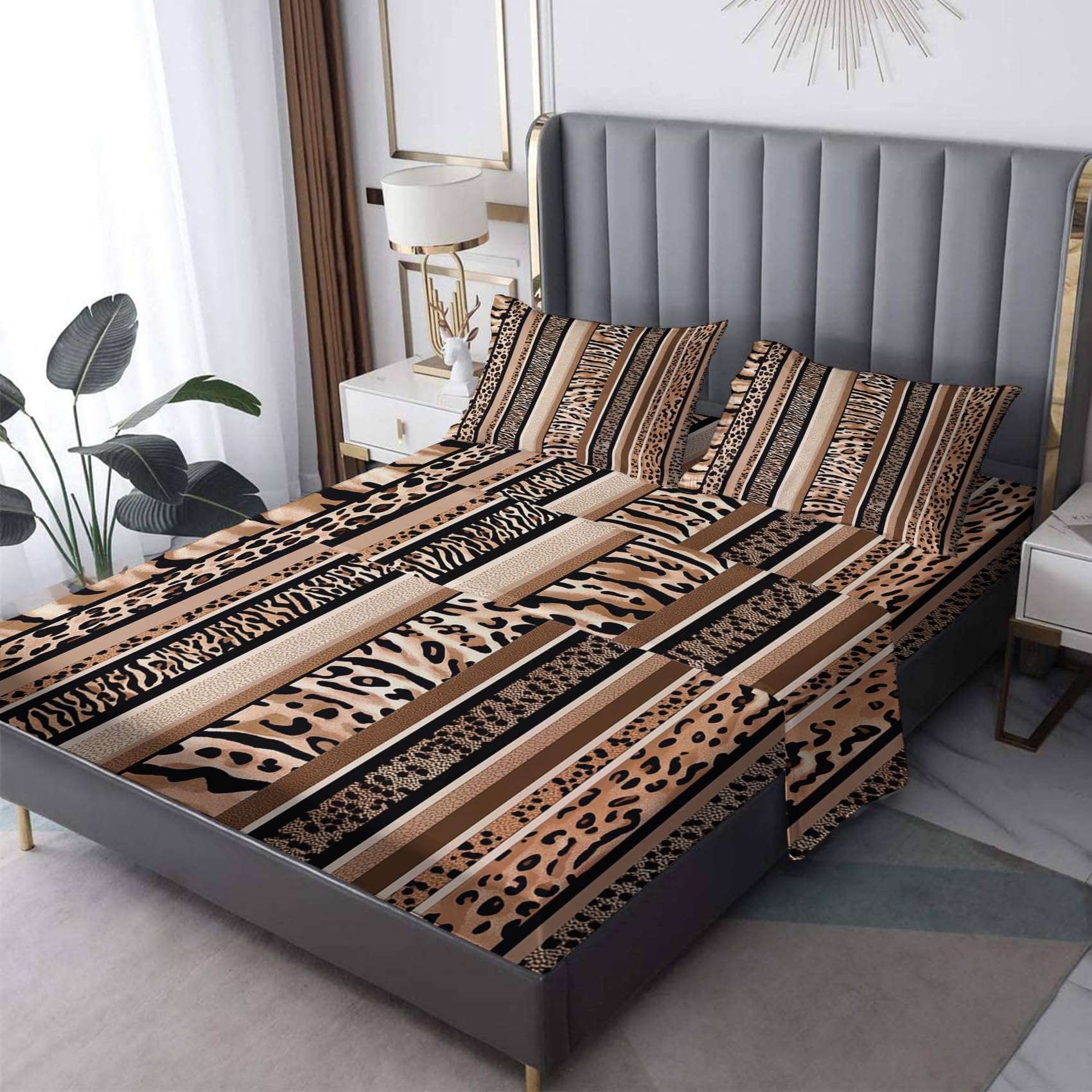 Fizzenobia Leopard Print Sheets - Queen Sheet Set - Cheetah Animal Print Bed Sheets, Soft Microfiber & Deep Pocket & Wrinkle Free Patterned Bedding