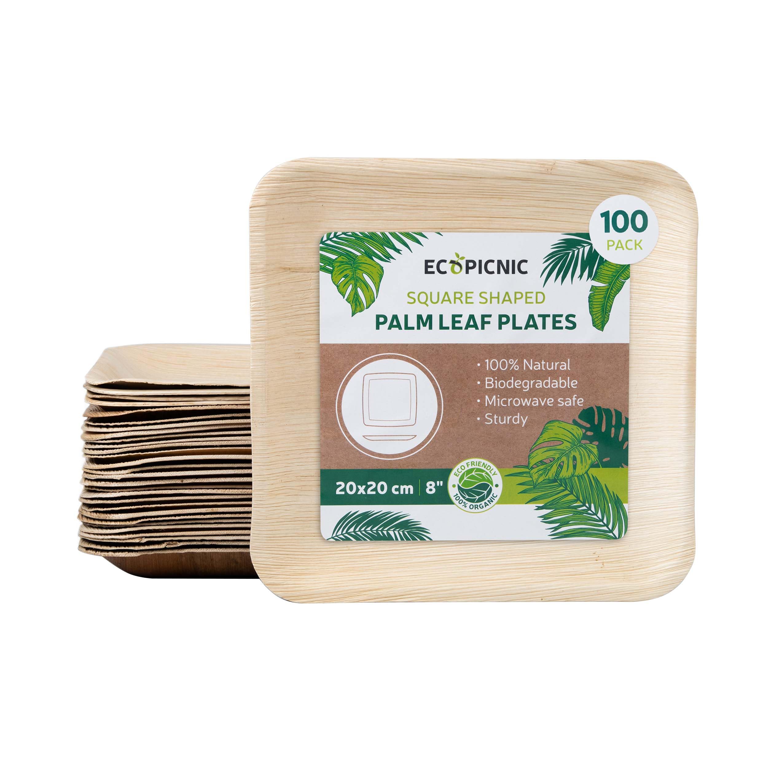 Piatti Quadrati in Foglia di Palma 20x20 cm 8" - Confezione da 100 Pezzi | Piatti Biodegradabili e Compostabili Monouso per Finger Food, Aperitivi, Eventi Eleganti e Natale