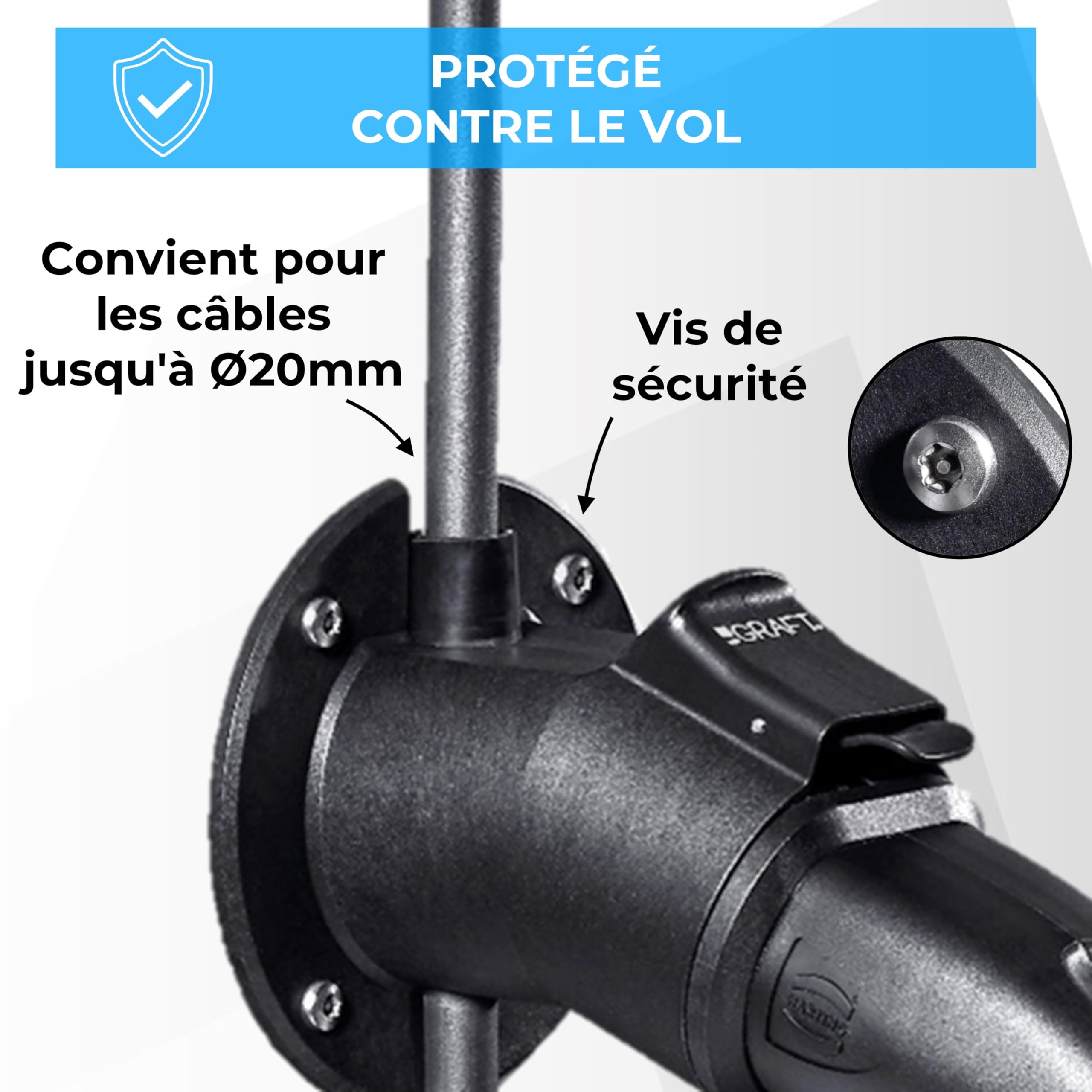 Graft Support Mural de Type 2 pour câble | Support pour Voiture électrique à Un connecteur IEC 62196-2 | Accessoire pour Station de Charge Type 2, avec système antivol pour câble et Chargeur