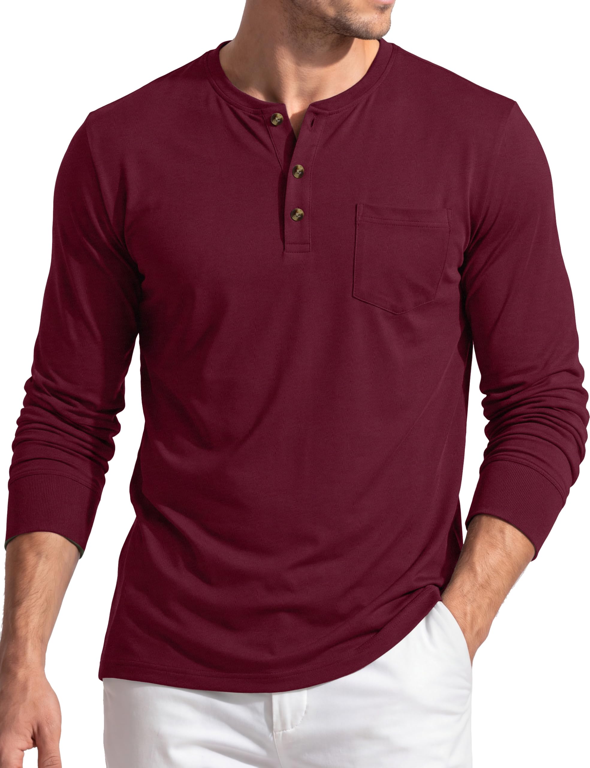 EKLENTSON Herren Henley Shirt Langarm Baumwolle Tshirt mit Brusttasche | Baumwolle, Langarm, Regular Fit, Brusttasche, Henley-Kragen, Hautfreundlich, Atmungsaktiv, Weich, Moisture Wicking, Casual