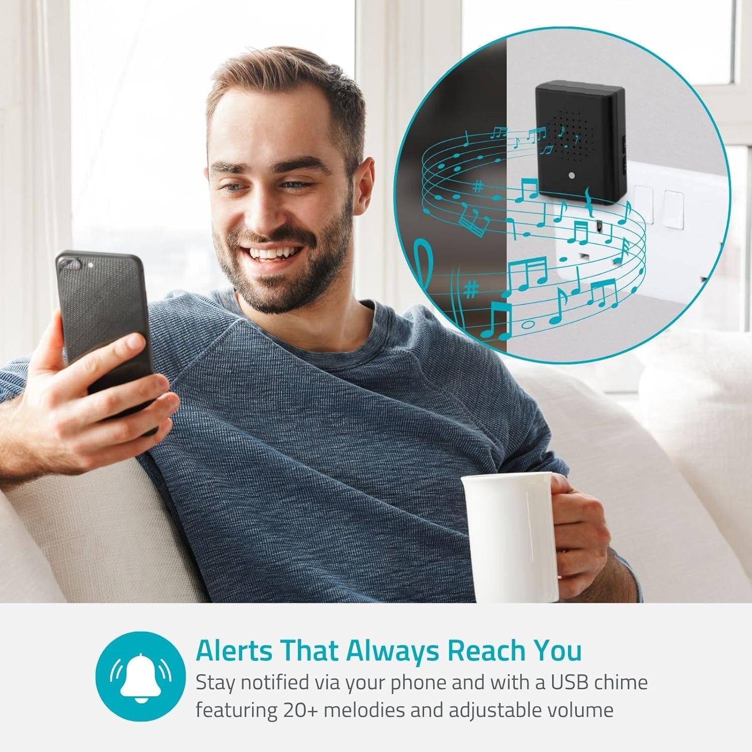 Smartphone receiving alerts from Nedis WIFICDP31BK doorbell with chime