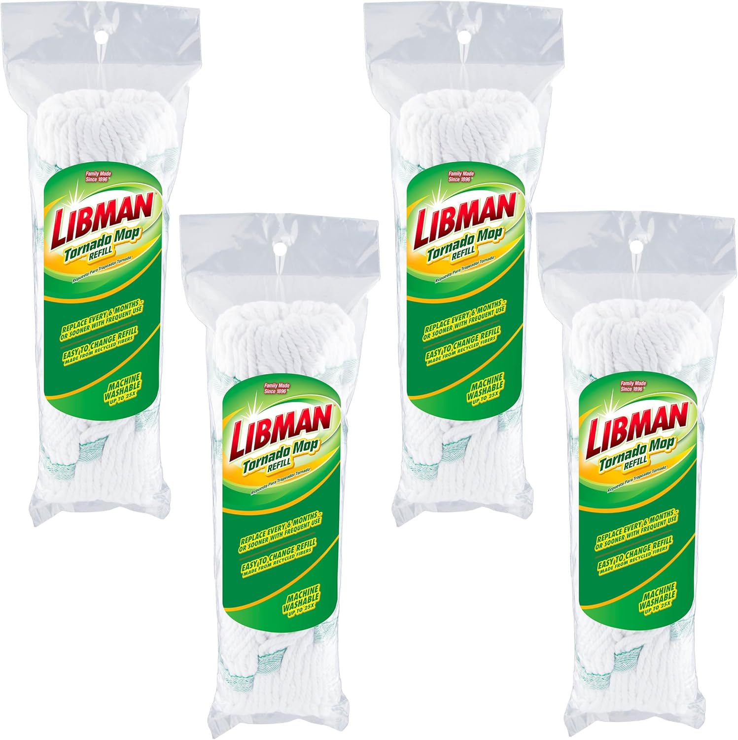 Libman Tornado Mop Refills | Self Wringing | Cotton Mop Head | Twist | Twist Head Replacement | Machine Washable | 4 Self Wring Heads | Direct Replacement Heads for The Tornado