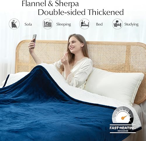 Miniatura 4 de Manta térmica eléctrica tamaño individual, suave y acogedora manta eléctrica de franela gruesa y sherpa para cama, sistema de seguridad automático,