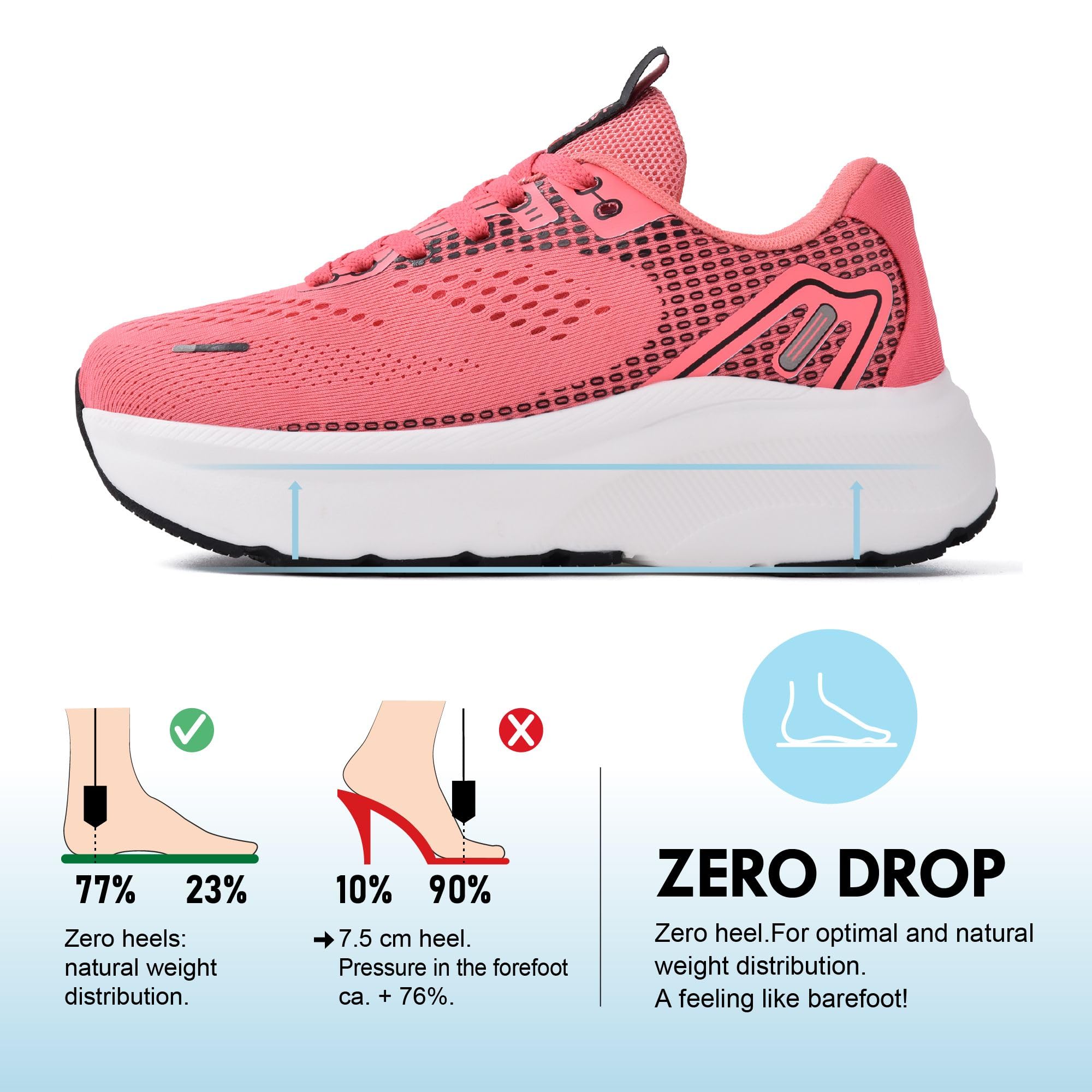 JACKSHIBO Zapatos de punta ancha para mujer, con soporte de arco, tenis anchos para correr, caminar, tenis, ortopédico, fascitis plantar, entrenamiento, con cojín grueso, suela de caída cero