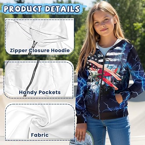 Renewold Girls and Boys Zip-Up Hoodie Sweatshirt Kids Zip Hoodie Hooded Sweatshirts Clothing(American Flag Plane,11-13 Years)
