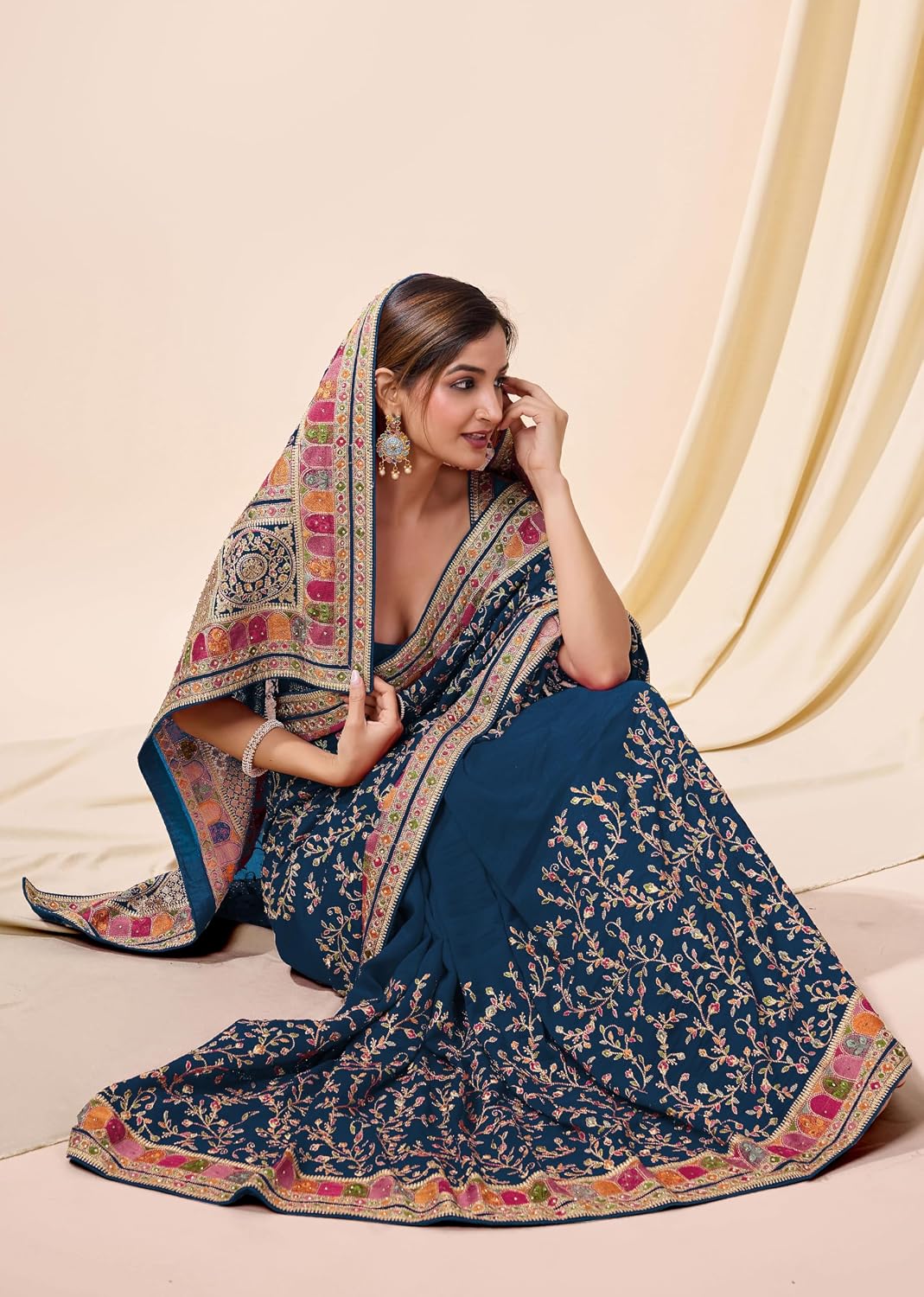 TRENDMALLS Women's Vichitra Silk Embroidery, Siroski Stone, Sequin Work Saree with Unstitch Blouse Piece