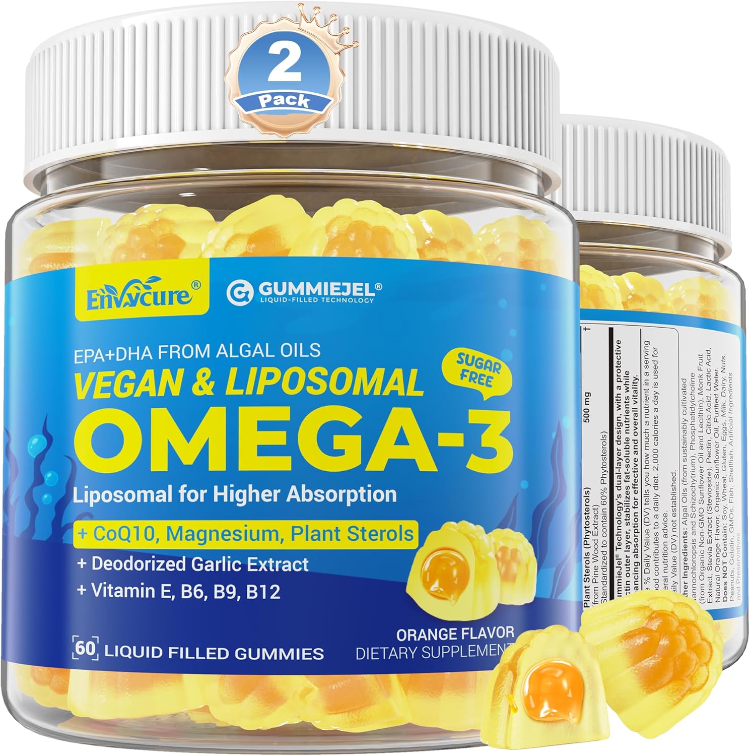 Vegan Omega-3 Gummies 1000mg +CoQ10+Magnesium- EPA 600mg DHA 400mg, Fish Oil Omega 3 Supplements Alternative for Women Men Adults, Liposomal, Algae, Plant Sterols, Garlic,B6,B9, B12, Sugar Free, 2Pack