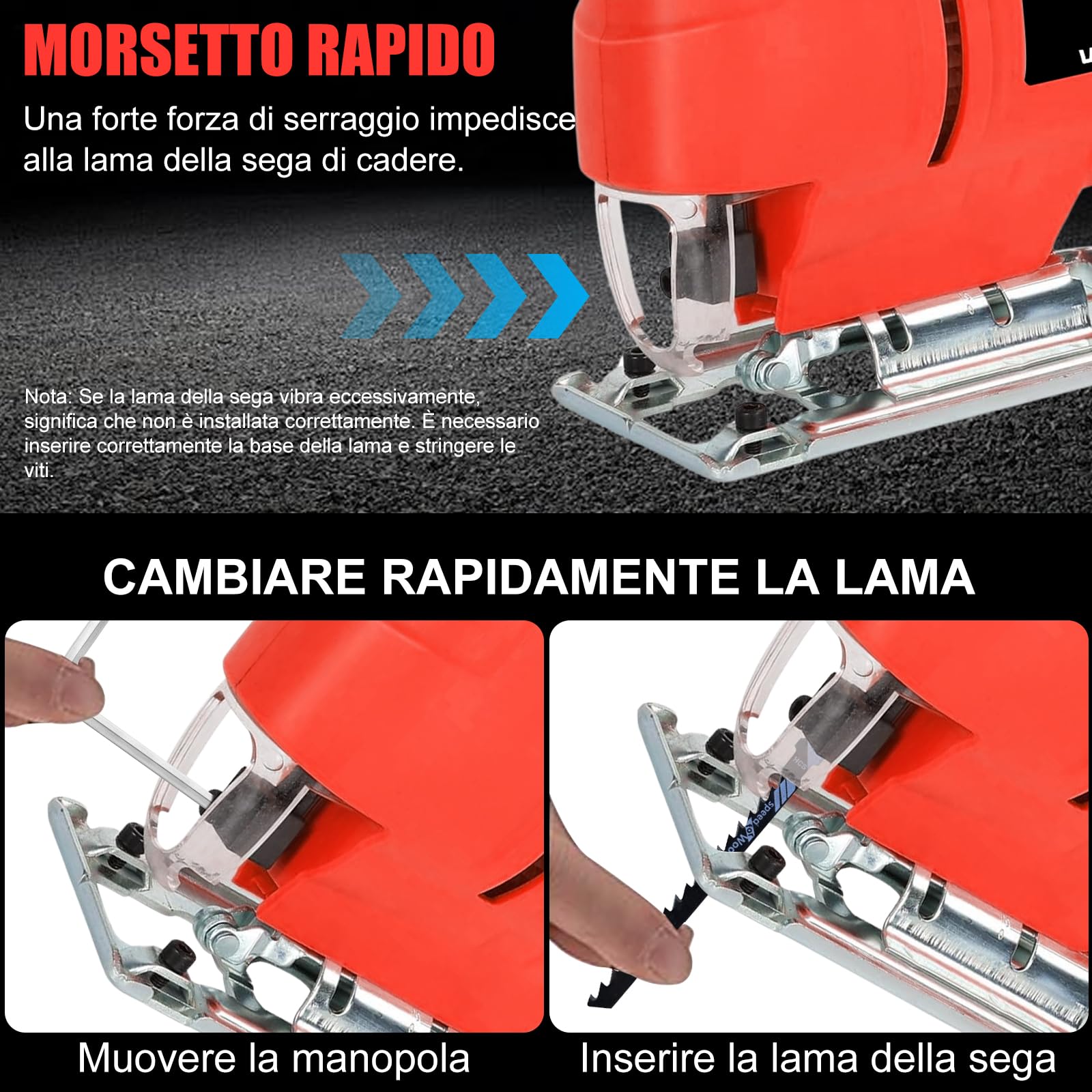 Seghetto alternativo elettrico, 710 W, 2800 SPM, 6 marce, regolabile, con taglio obliquo di ±45°, con righello di guida e 15 lame per legno, metallo e plastica
