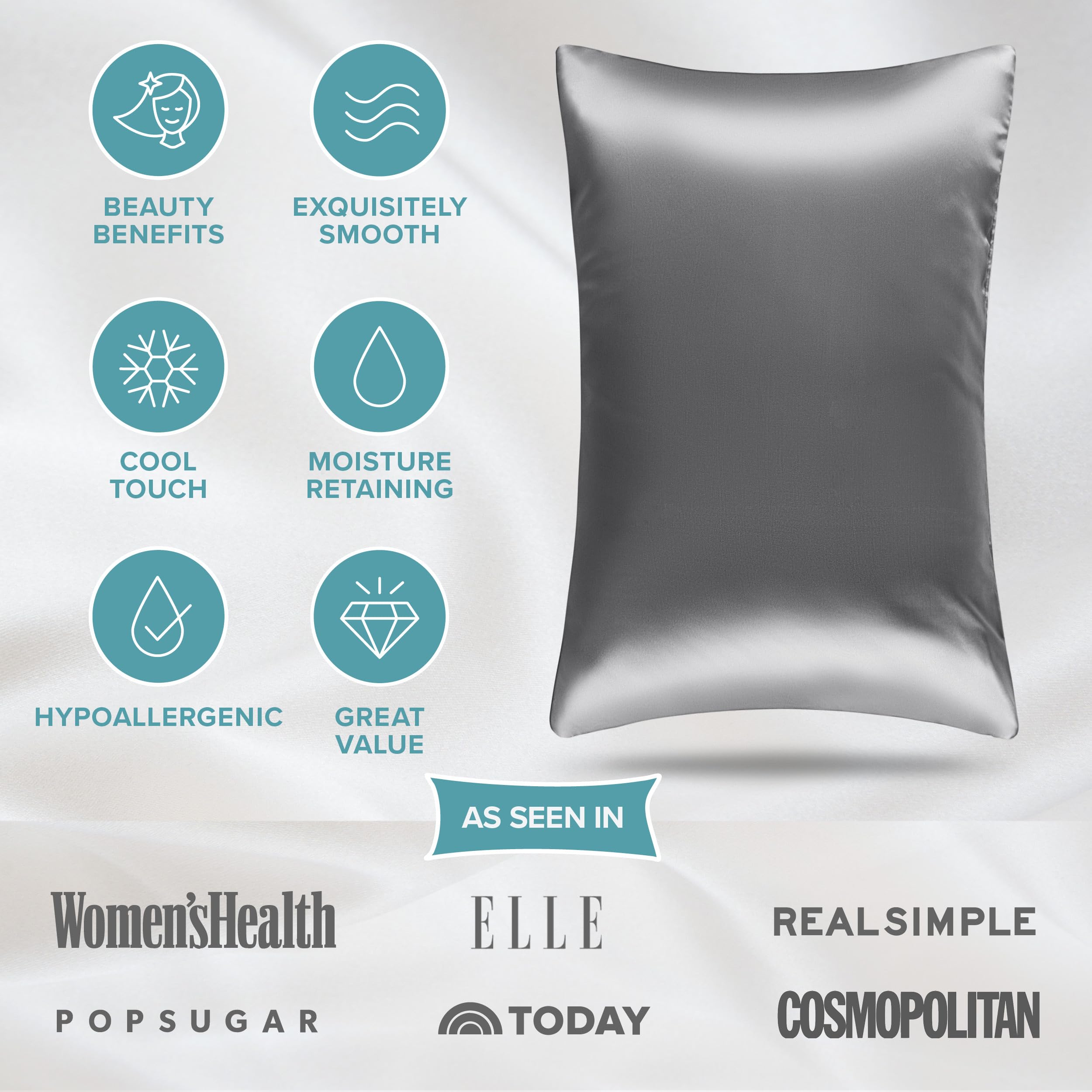 Bare Home 100% Mulberry Silk Pillowcase Envelope (King, Grey)