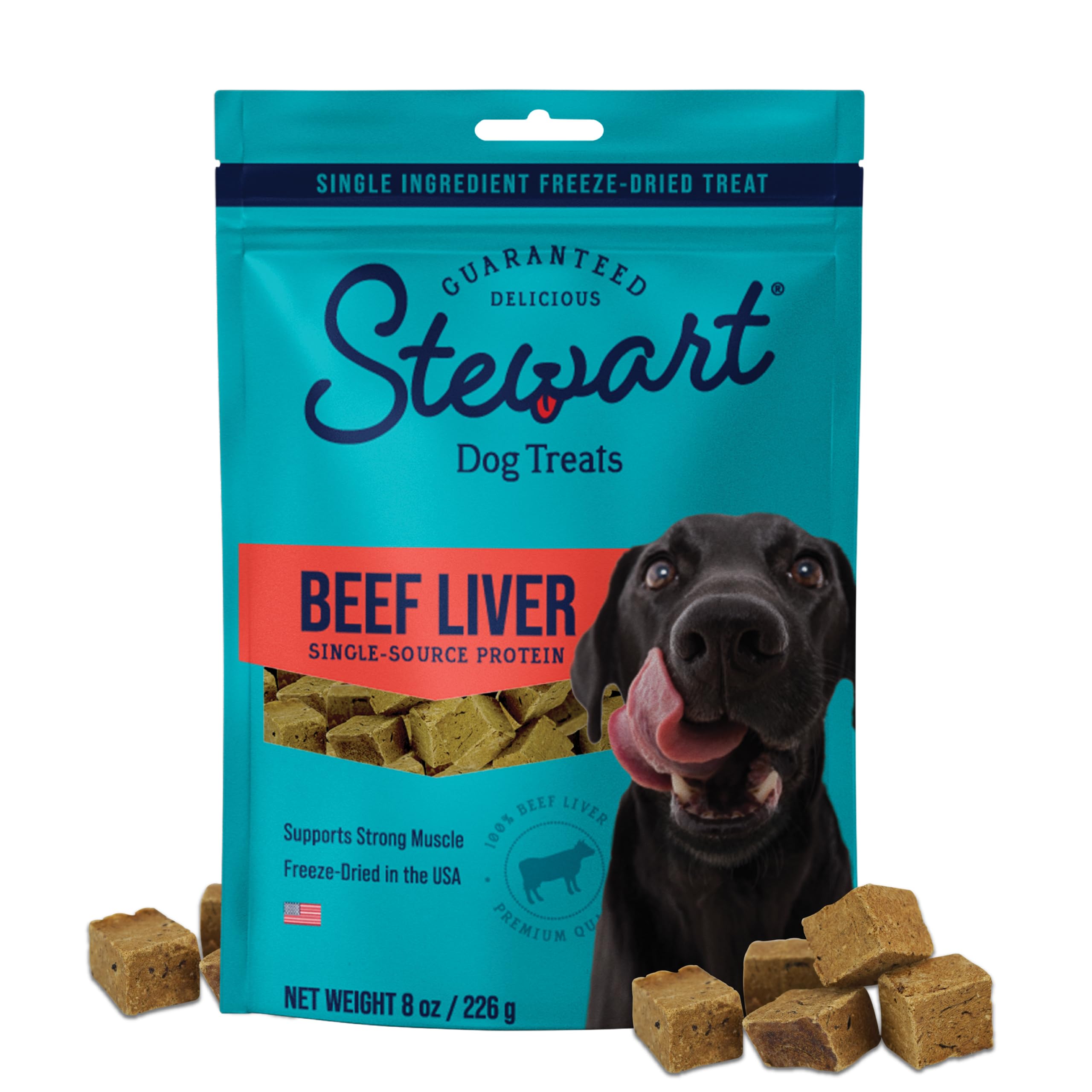 Stewart Beef Liver Dog Treats, 8 oz, ~180 Pieces, Freeze Dried Raw, Single Ingredient, 50% Protein Training Treats or Meal Topper in a Resealable Pouch, Grain Free, Gluten Free