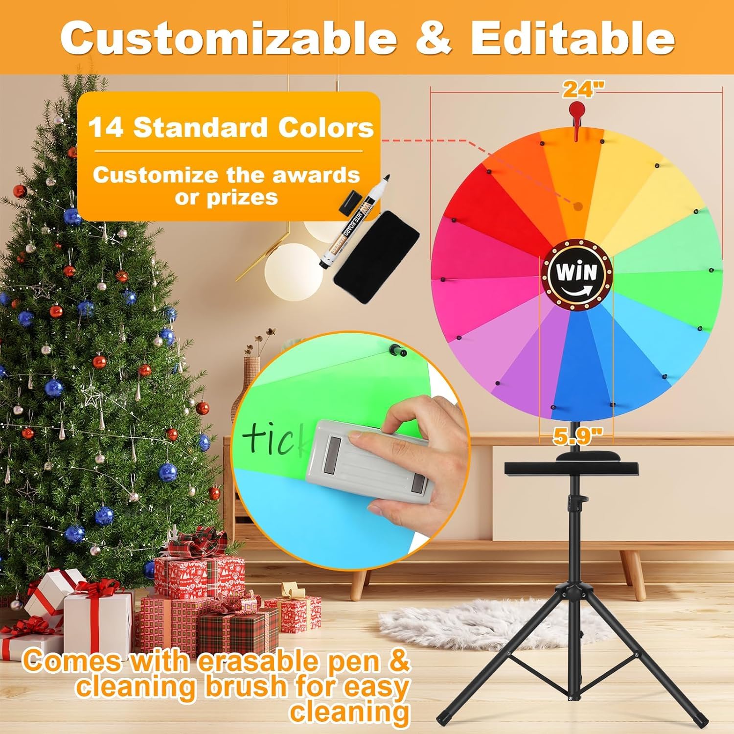 GADFISH 61 cm Roue de prix tournante, roue de la chance à 14 couleurs à faire tourner avec support réglable effaçable de 94 cm à 165 cm, roue tournante jouet couleur roue jeux pour jeux de loterie